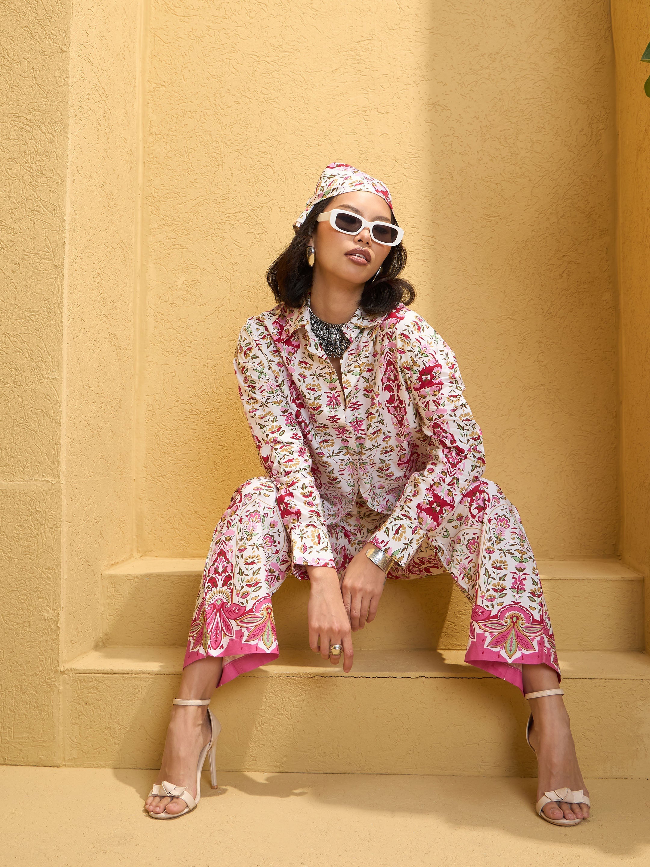 Women's Pink & White Floral Shirt With Pants-SASSAFRAS