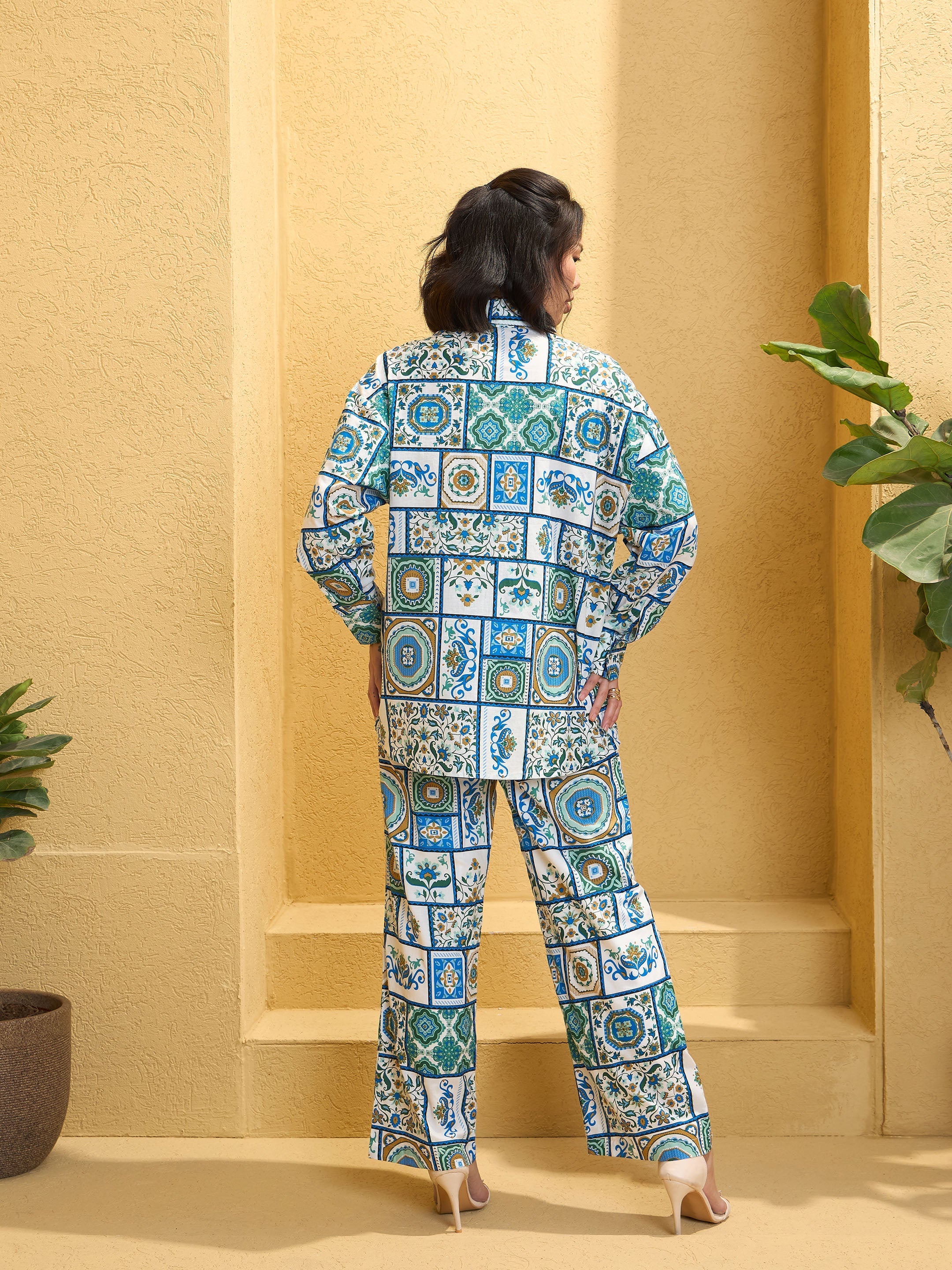 Women's Blue & White Cambric Floral Shirt With Pants-SASSAFRAS