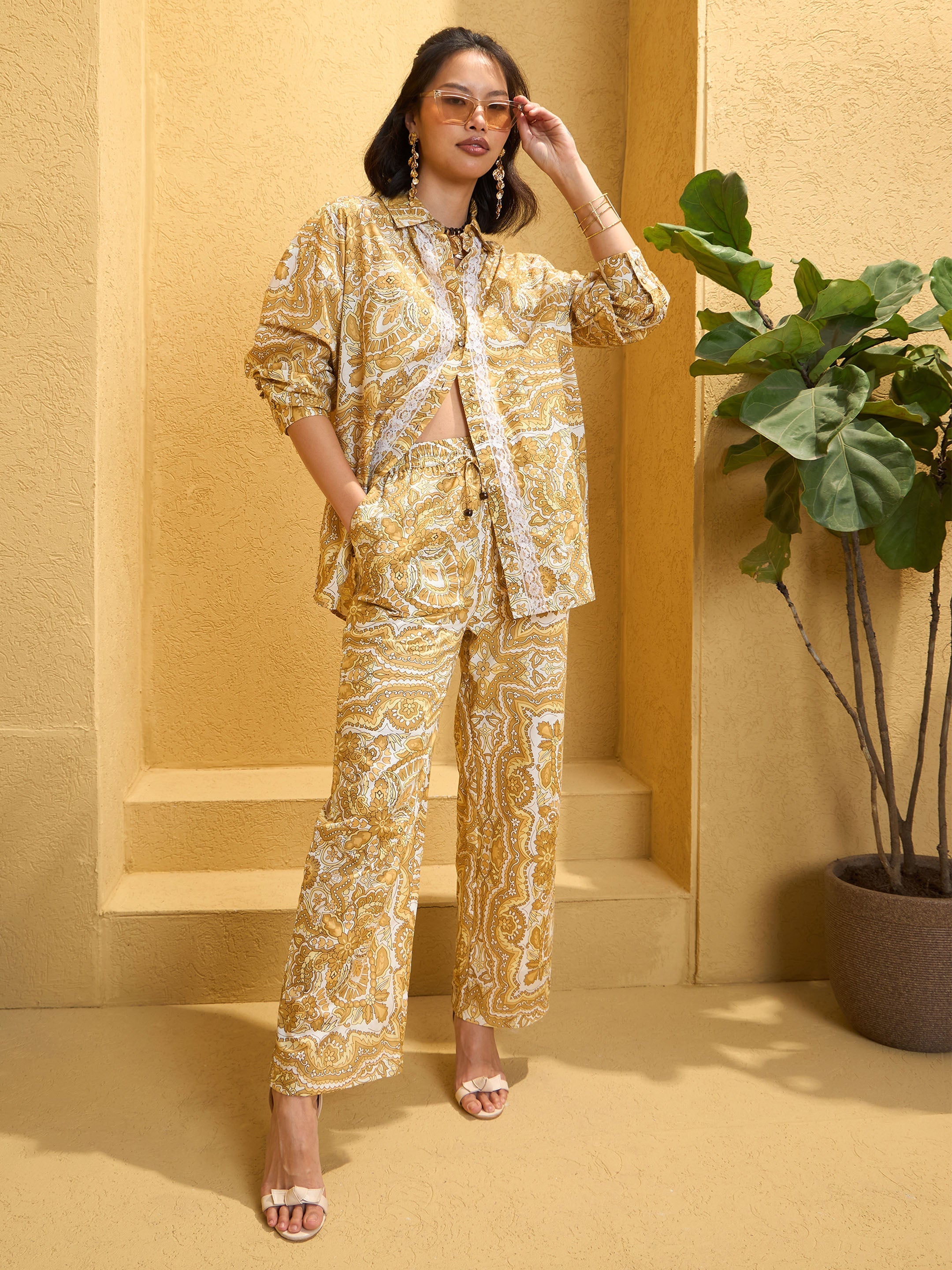 Women's Yellow Cambric Floral Shirt With Pants-SASSAFRAS