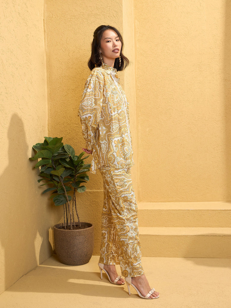 Women's Yellow Cambric Floral Shirt With Pan