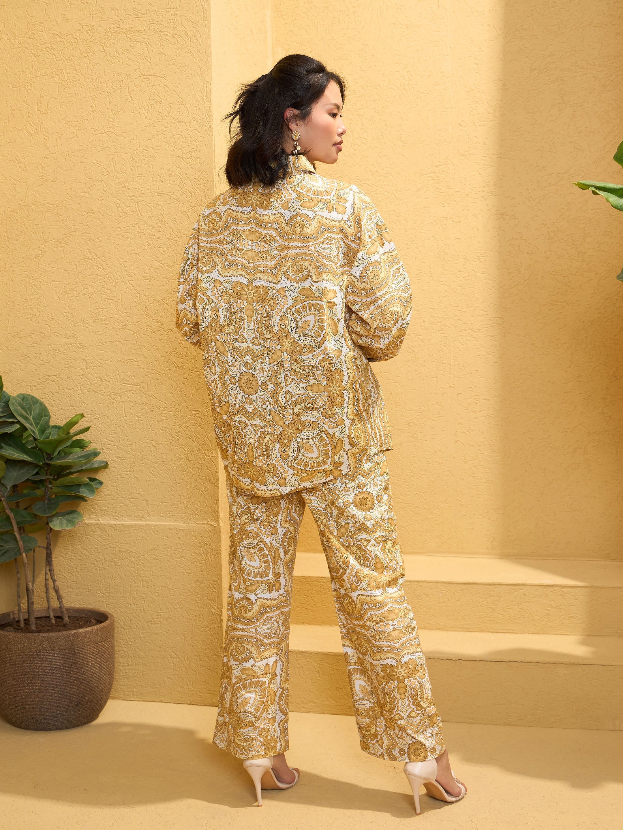 Women's Yellow Cambric Floral Shirt With Pants-SASSAFRAS