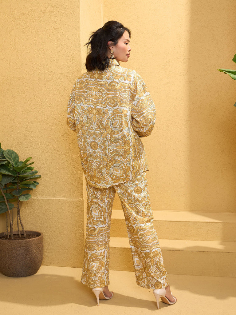 Women's Yellow Cambric Floral Shirt With Pan