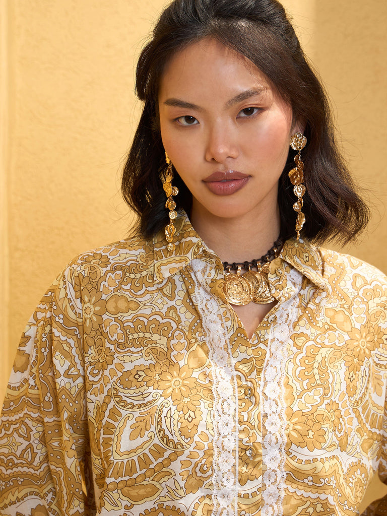 Women's Yellow Cambric Floral Shirt With Pan