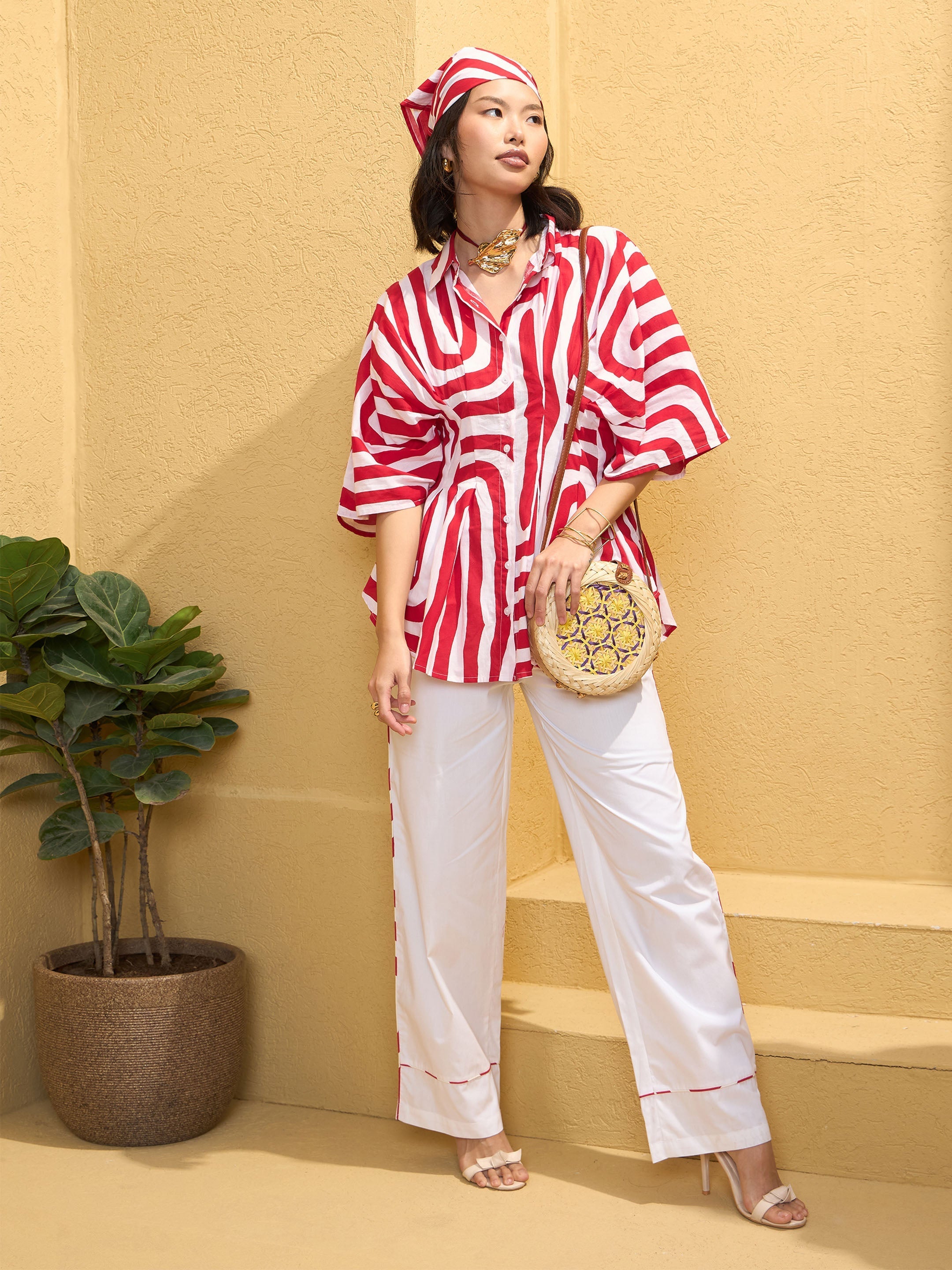 Women's Red & White Geometric Shirt With Solid Pants-SASSAFRAS