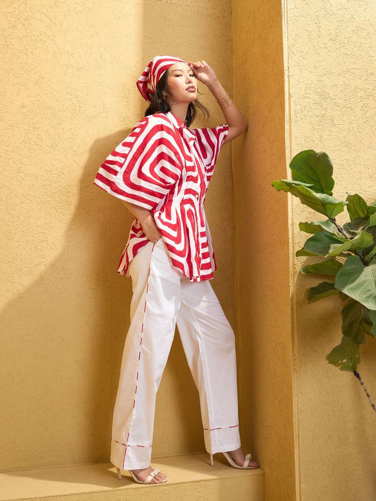 Women's Red & White Geometric Shirt With Solid Pan