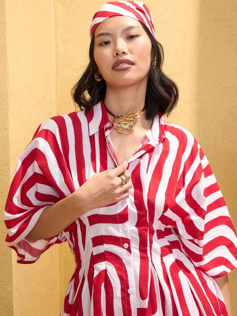 Women's Red & White Geometric Shirt With Solid Pan