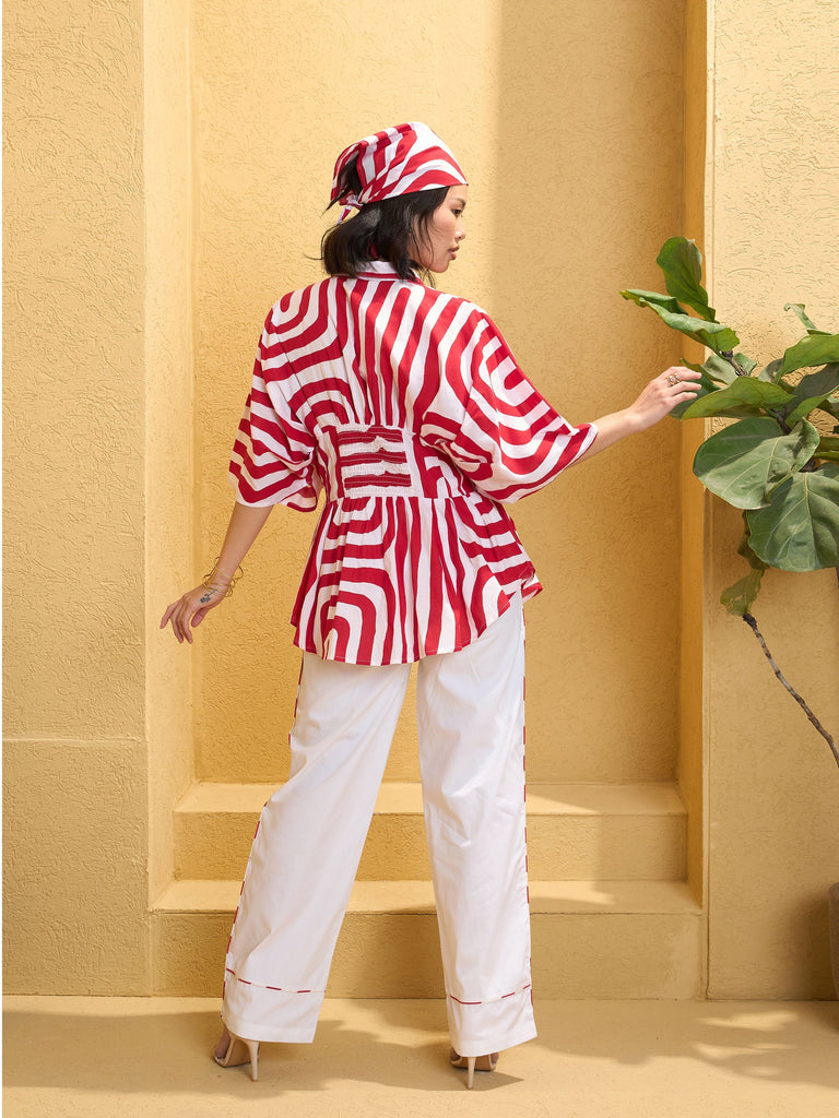 Women's Red & White Geometric Shirt With Solid Pan