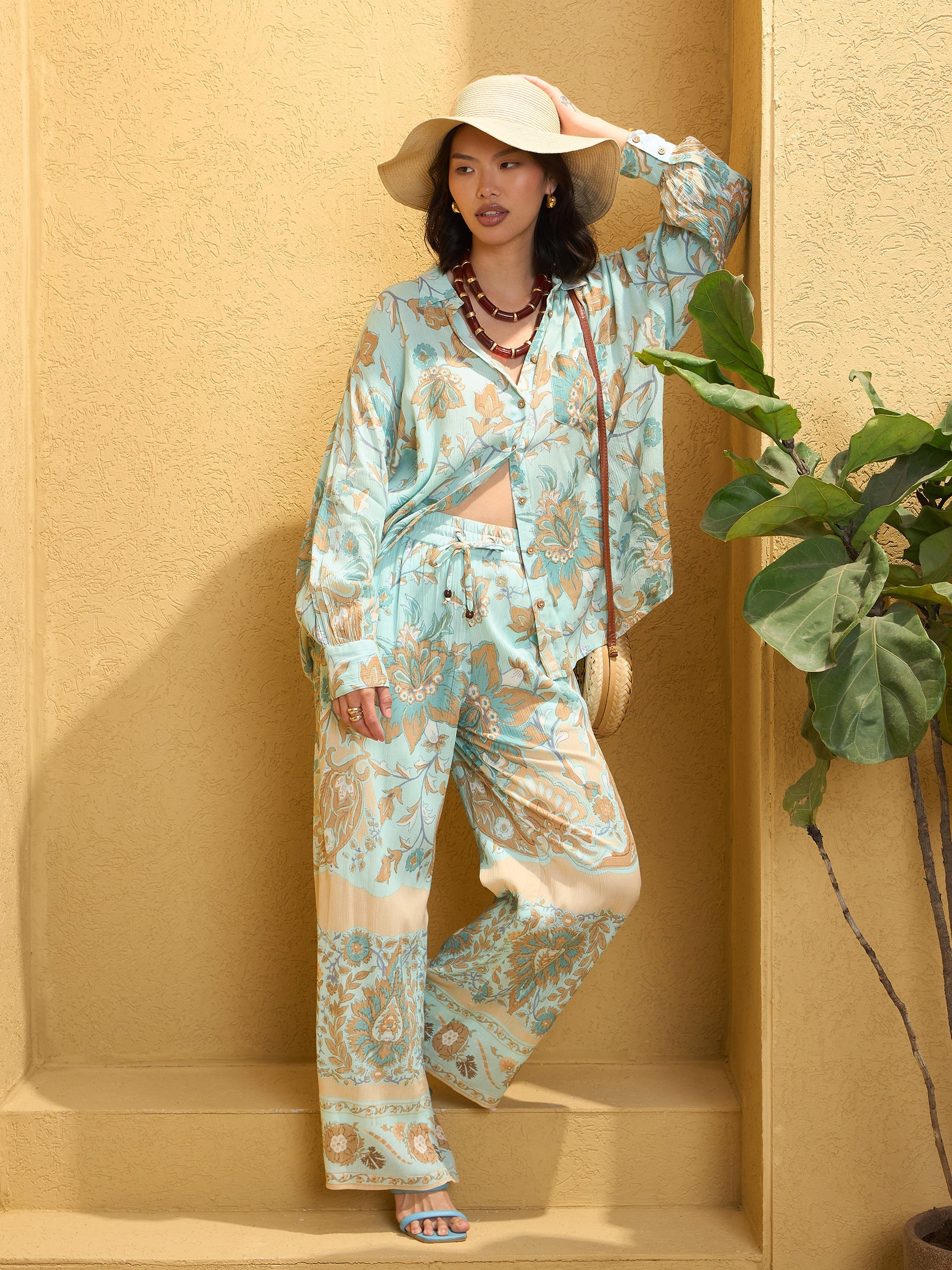 Women's Turquoise Blue Floral Shirt With Pants-SASSAFRAS