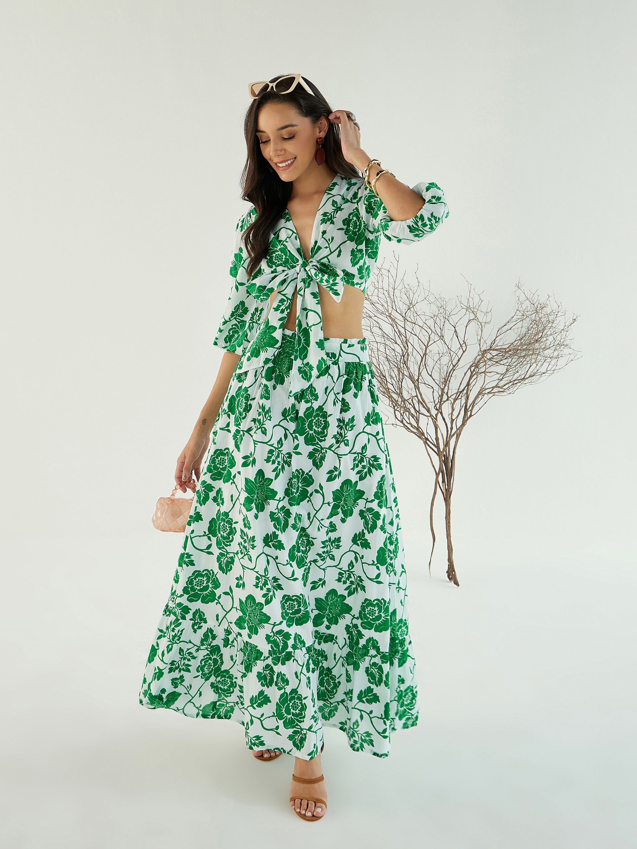 Women's White & Green Floral Wrap Neck Top With Skirt-SASSAFRAS