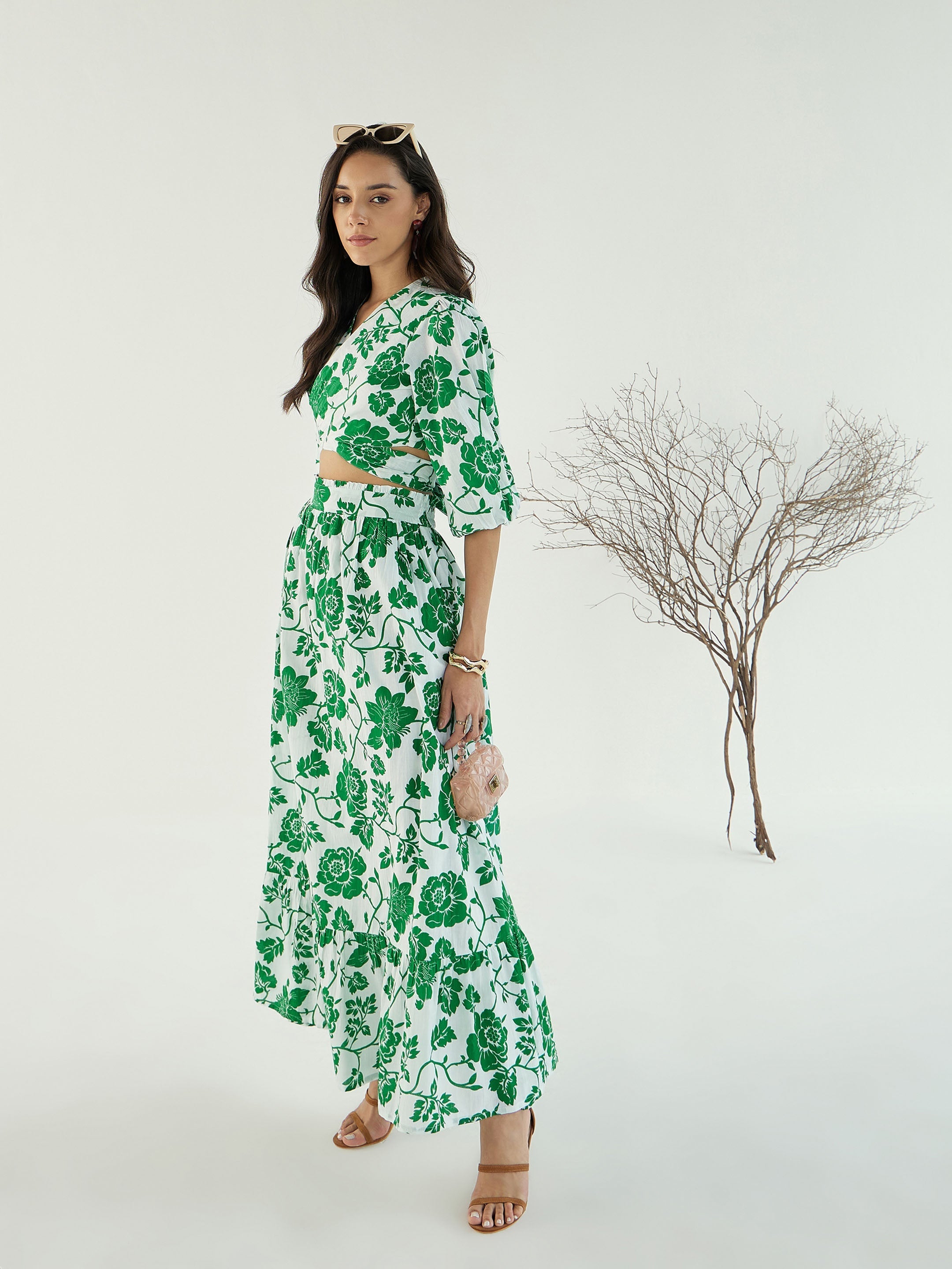 Women's White & Green Floral Wrap Neck Top With Skirt-SASSAFRAS