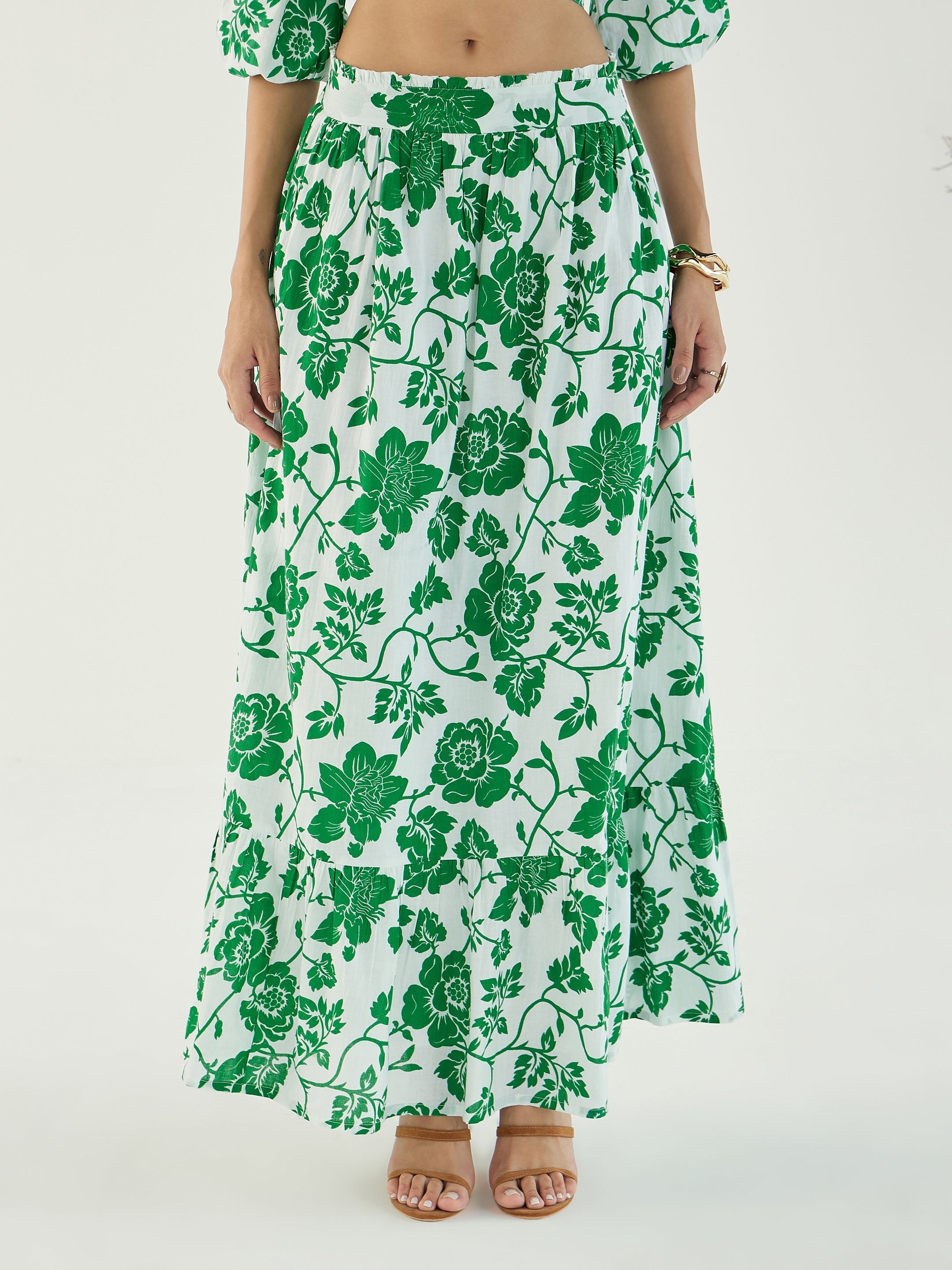 Women's White & Green Floral Wrap Neck Top With Skirt-SASSAFRAS