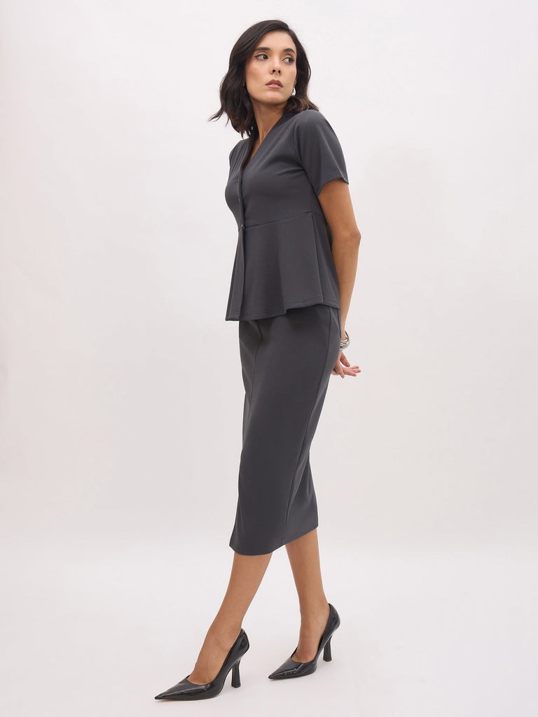 Women's Grey Peplum Top With Midi Slit Skirt