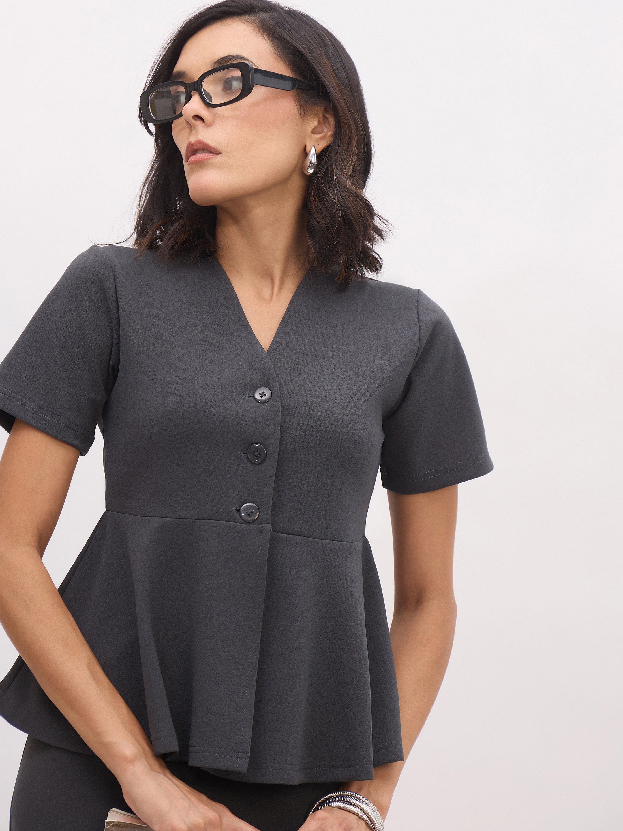 Women's Grey Peplum Top With Midi Slit Skirt