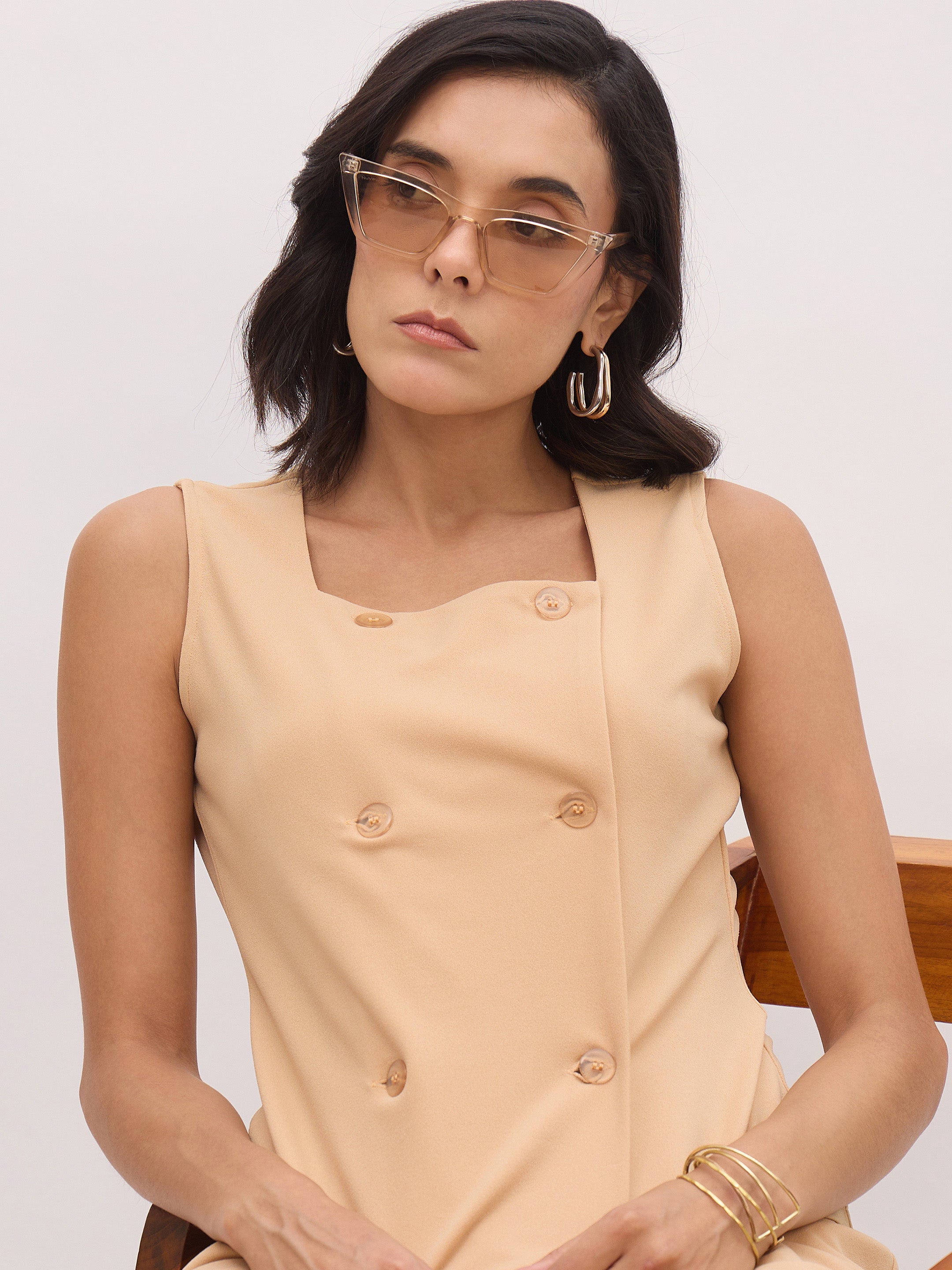 Women's Beige Sleeveless Button Top With Straight Pants
