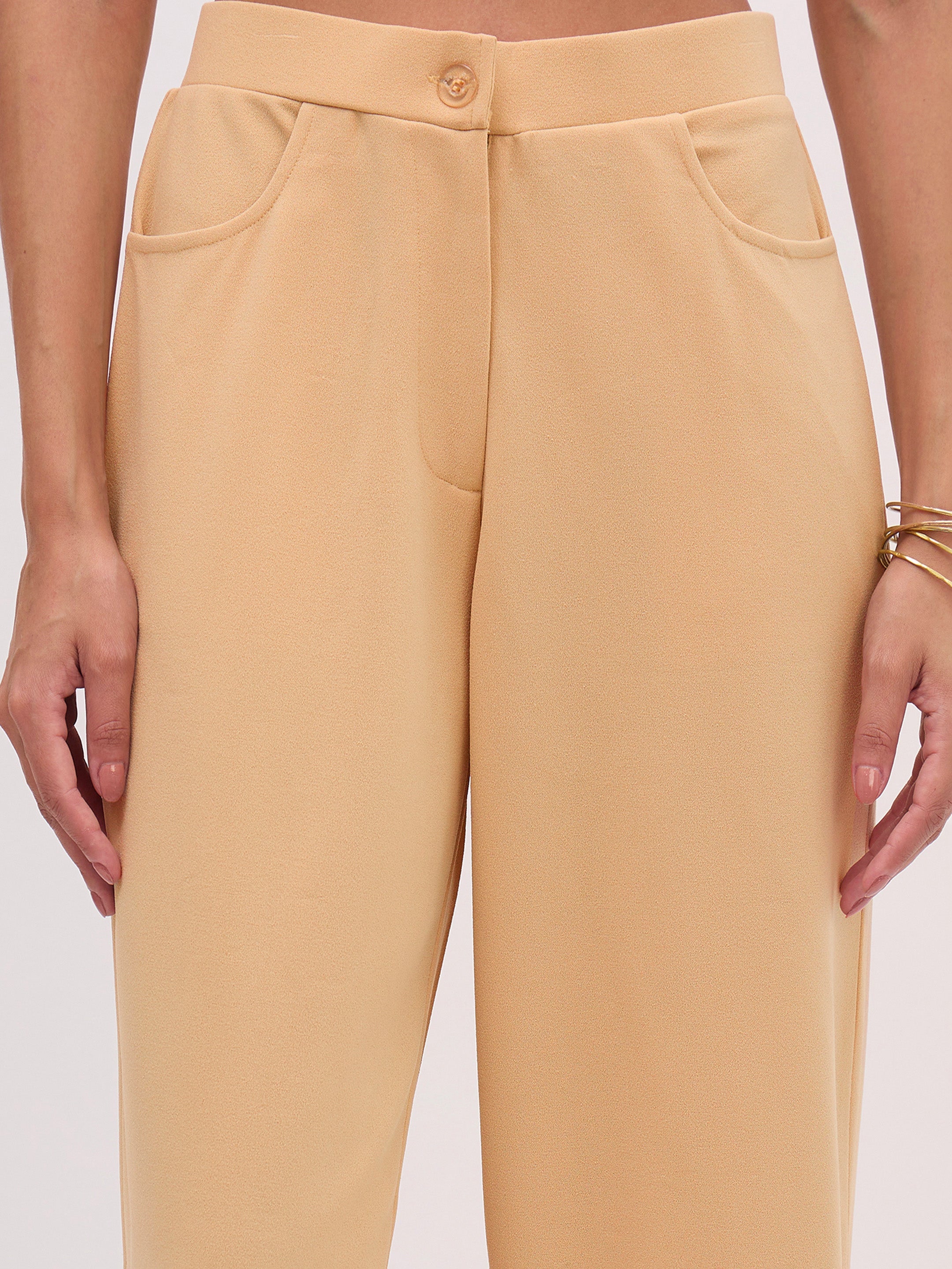 Women's Beige Sleeveless Button Top With Straight Pants