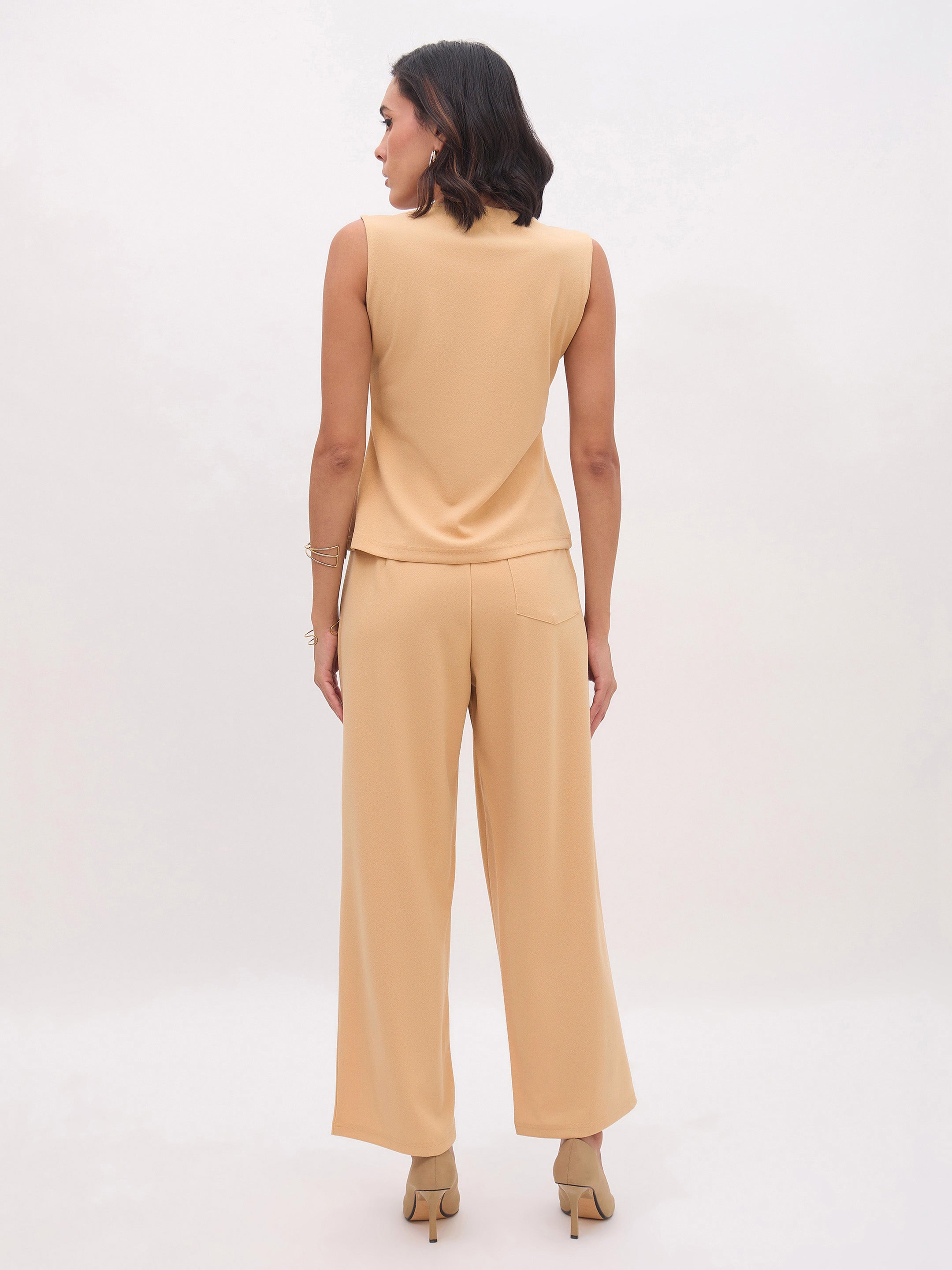 Women's Beige Sleeveless Button Top With Straight Pants