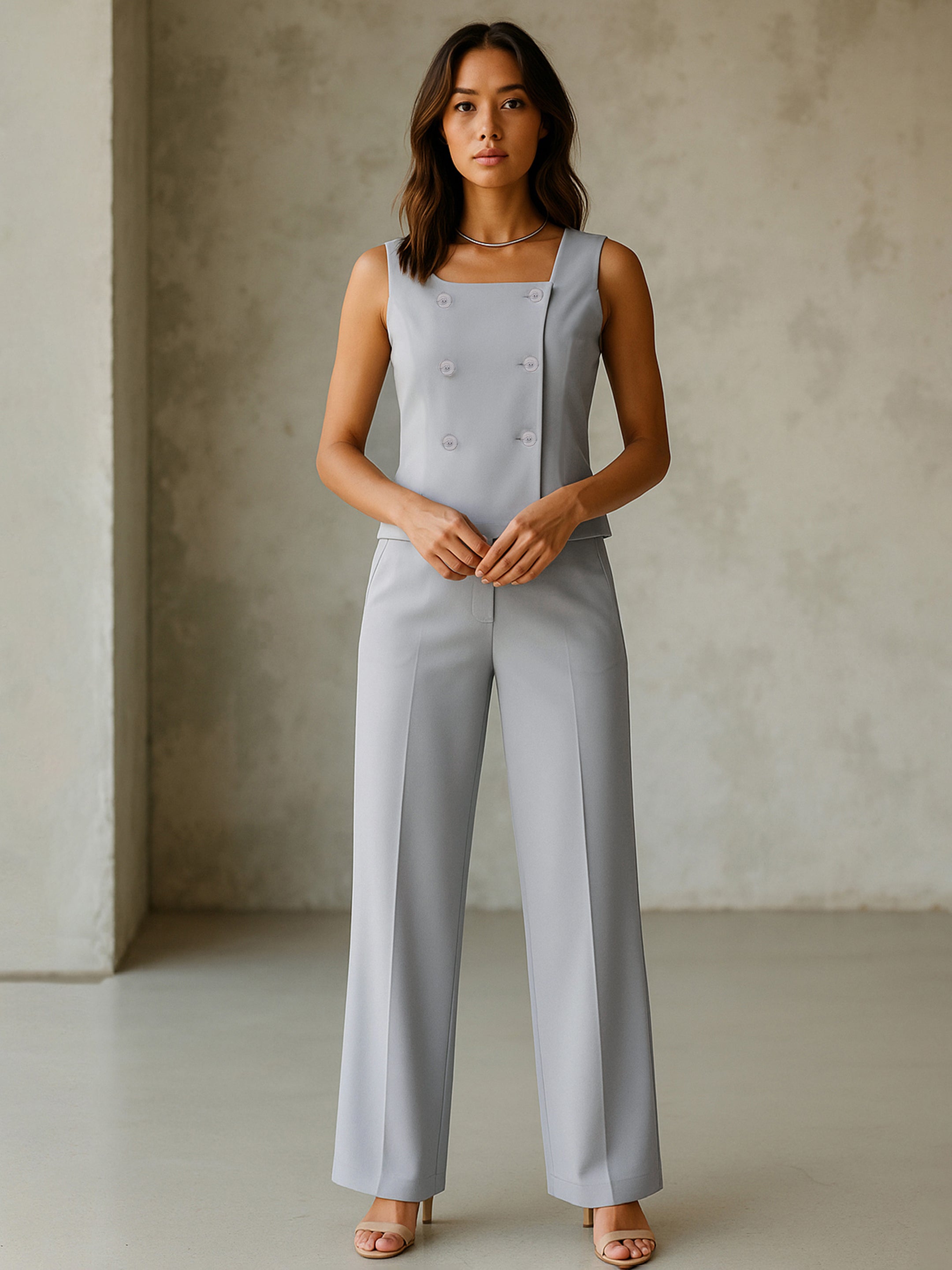 Women's Grey Sleeveless Button Top With Straight Pants