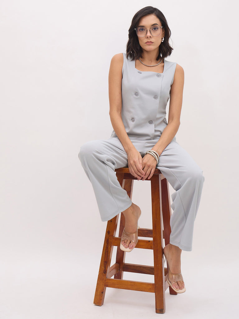 Women's Grey Sleeveless Button Top With Straight Pants
