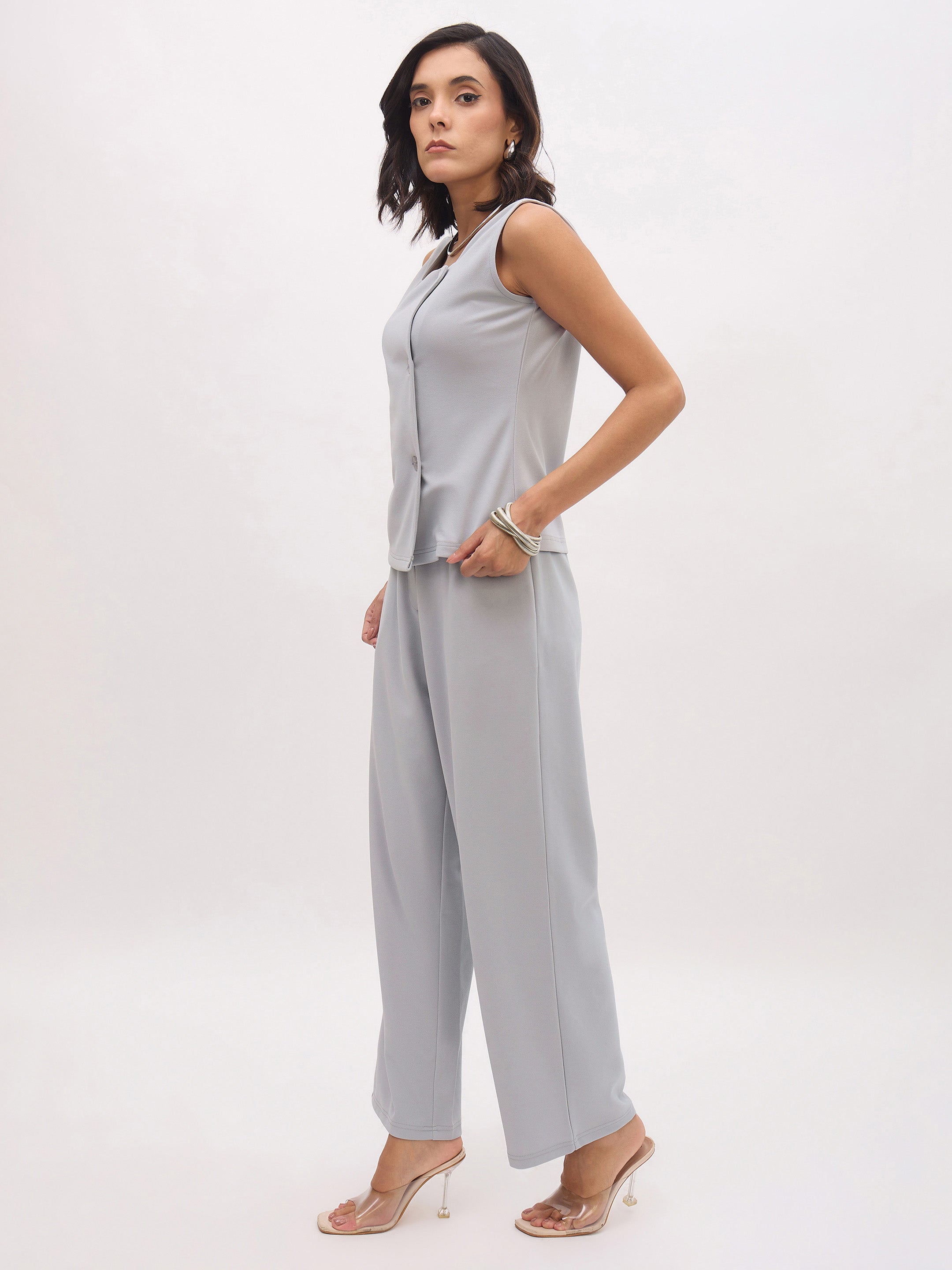 Women's Grey Sleeveless Button Top With Straight Pants