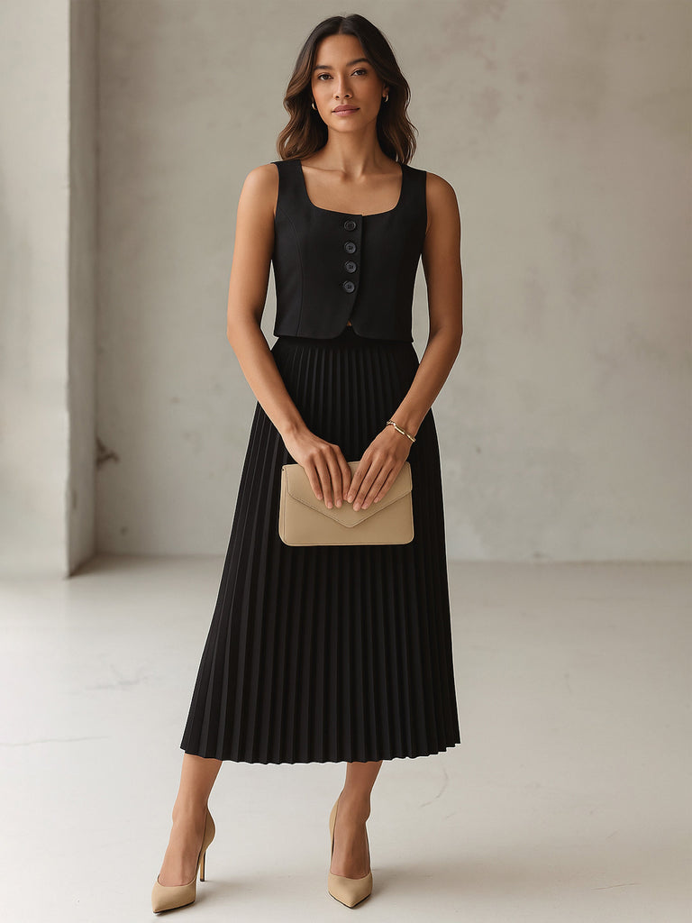 Women's Black Sleeveless Waistcoat With Midi Skirt