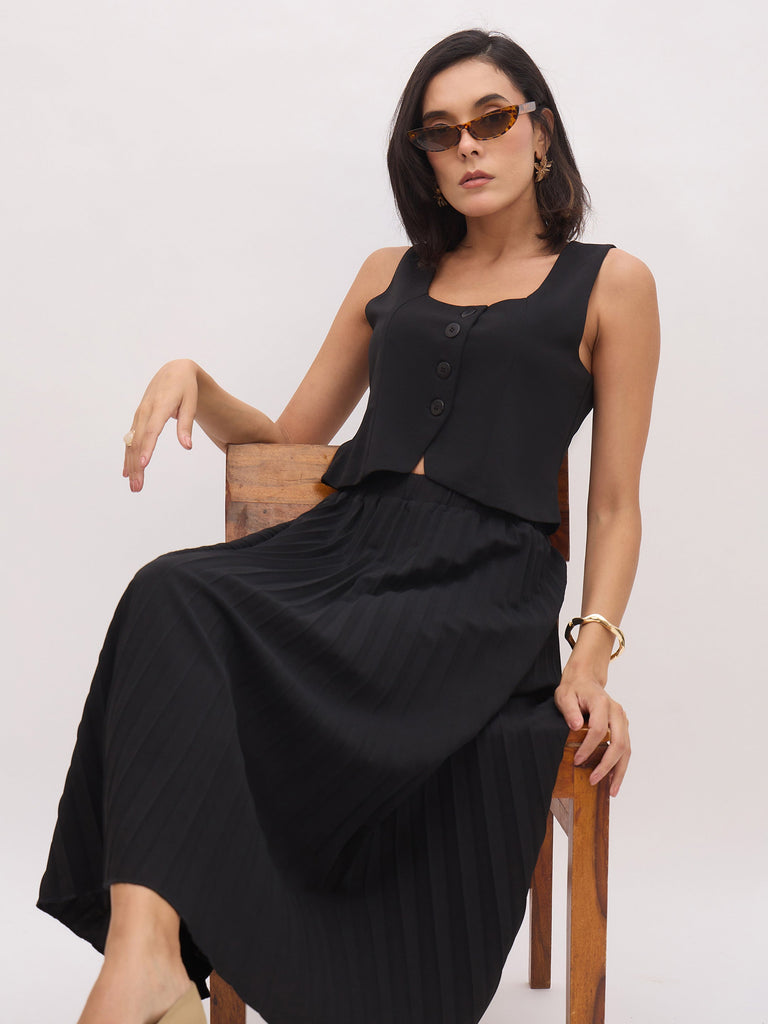 Women's Black Sleeveless Waistcoat With Midi Skirt