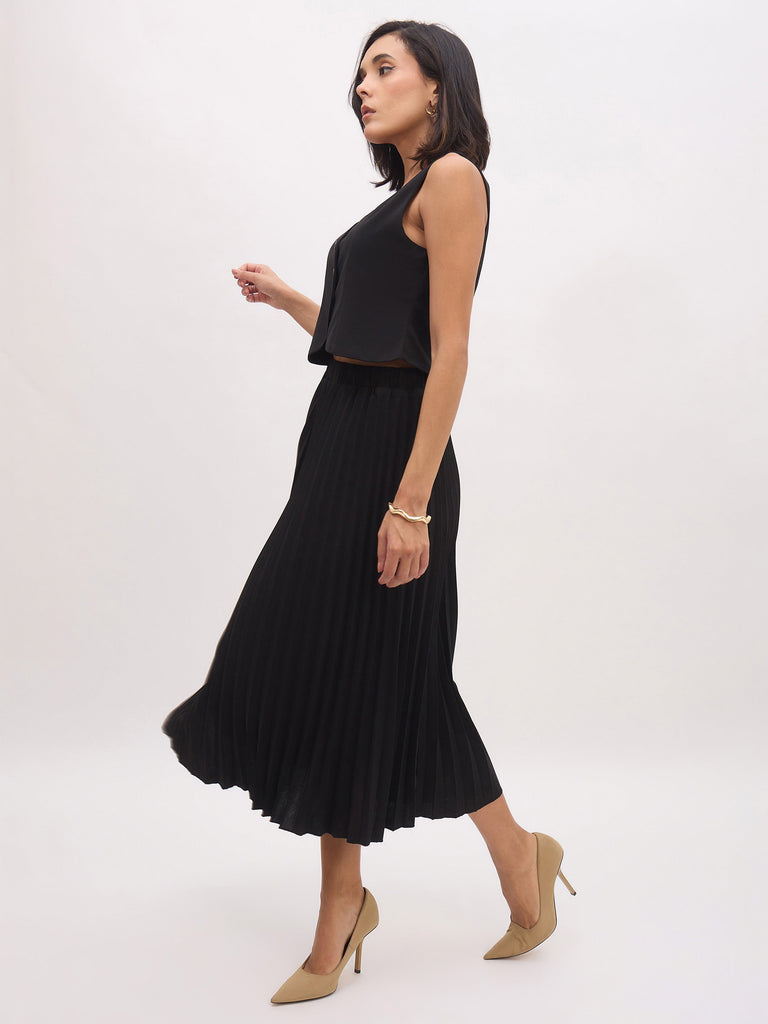Women's Black Sleeveless Waistcoat With Midi Skirt