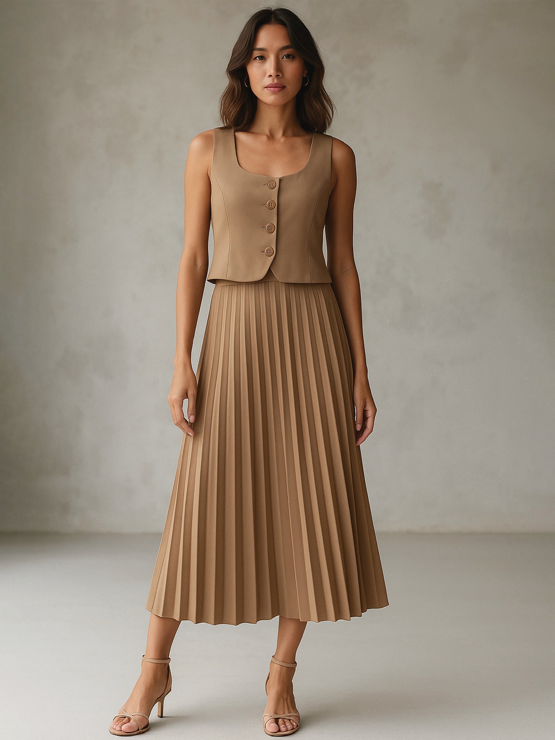 Women's Dark Beige Sleeveless Waistcoat With Midi Skirt