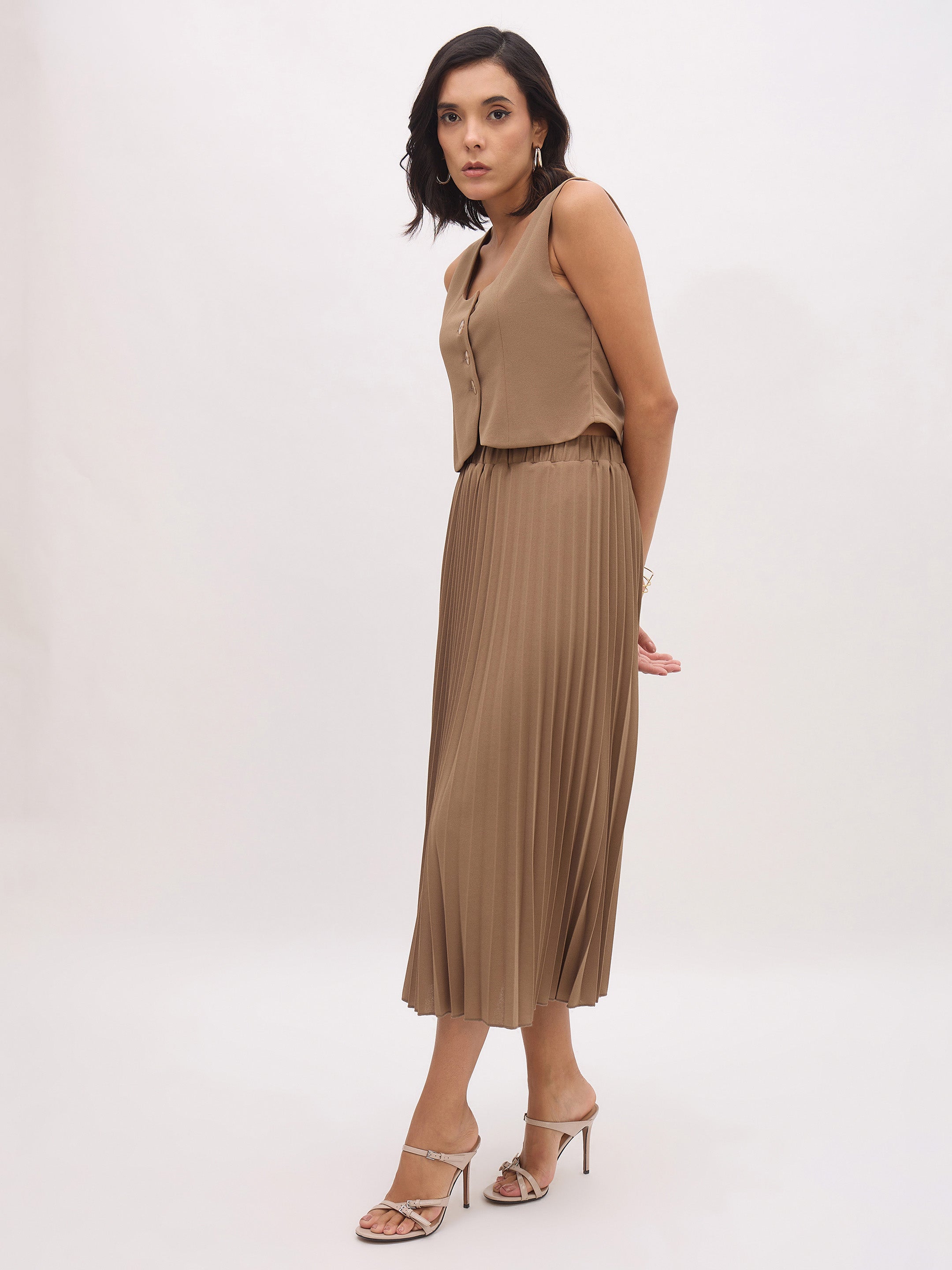 Women's Dark Beige Sleeveless Waistcoat With Midi Skirt
