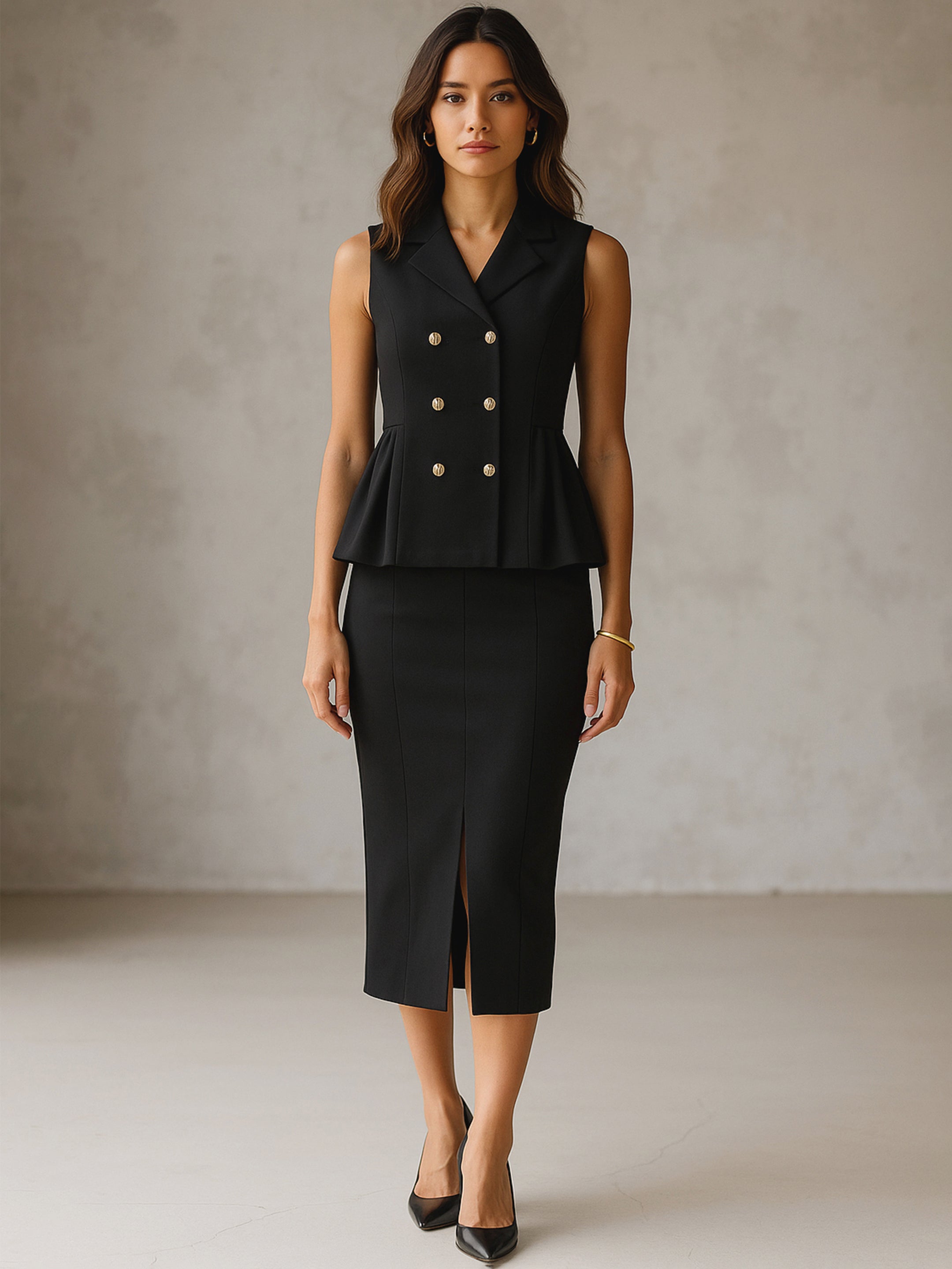 Women's Black Sleeveless Notched Button Top With Skirt