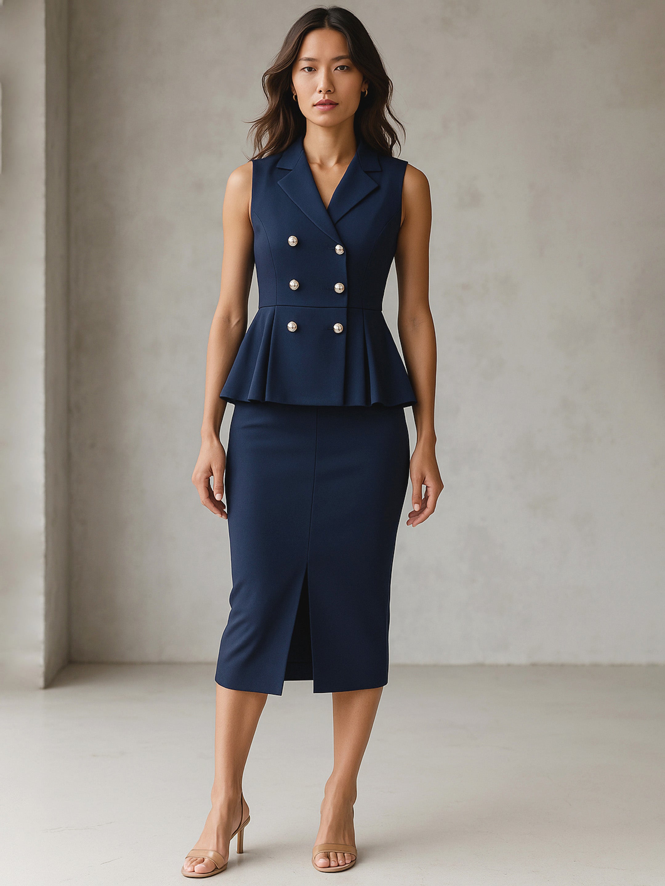Women's Blue Sleeveless Notched Button Top With Skirt