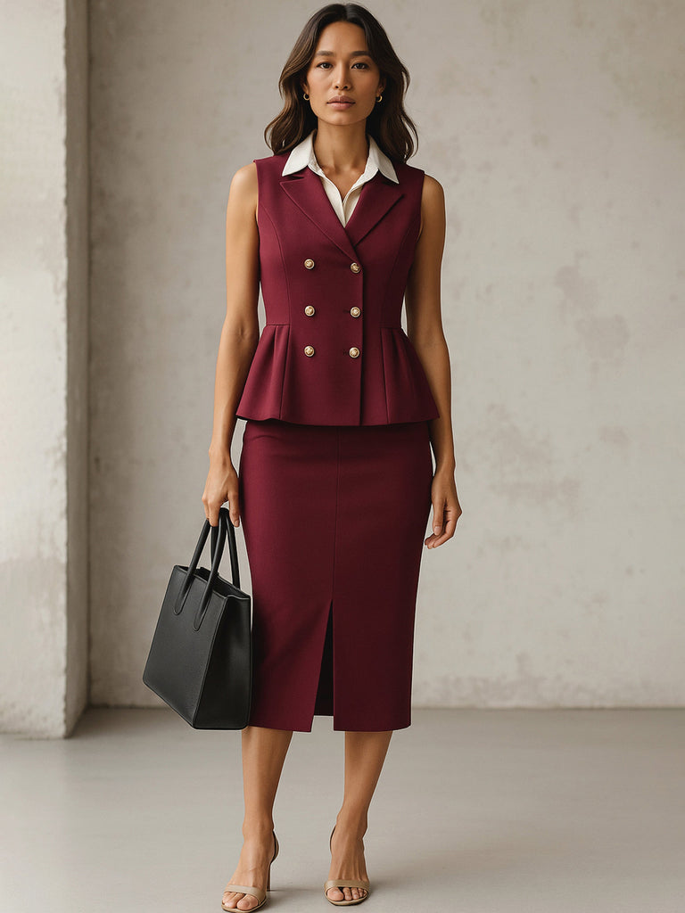 Women's Burgundy Sleeveless Notched Button Top With Skirt