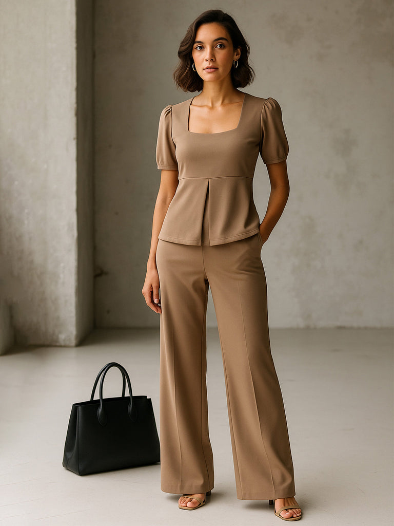 Women's Beige Front Slit Top With Straight Pants