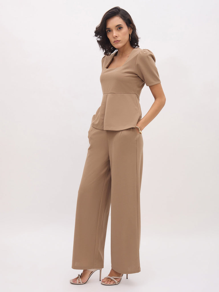 Women's Beige Front Slit Top With Straight Pants