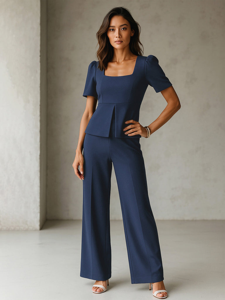 Women's Blue Front Slit Top With Straight Pants