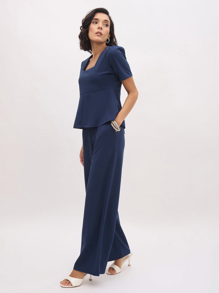 Women's Blue Front Slit Top With Straight Pants
