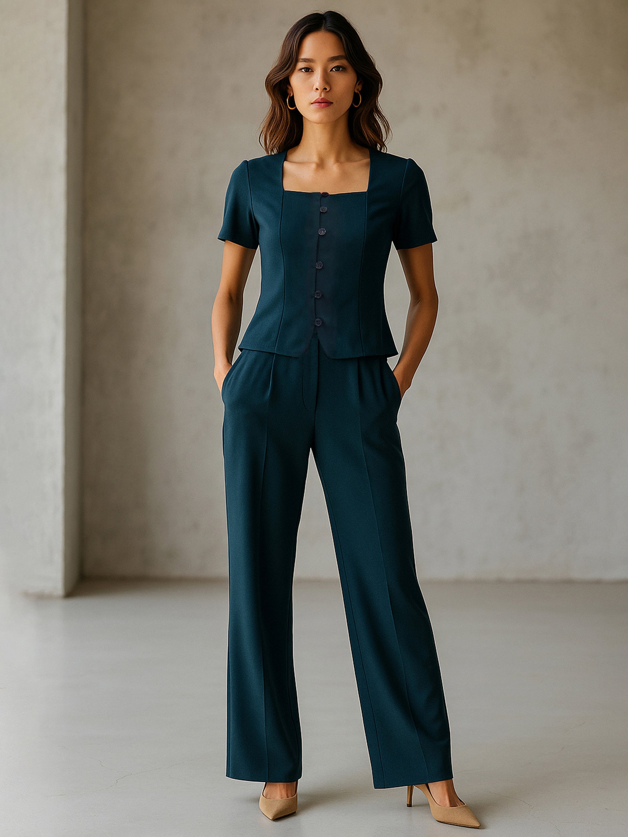 Women's Emerald Green Button Top With Cross Pocket Pants