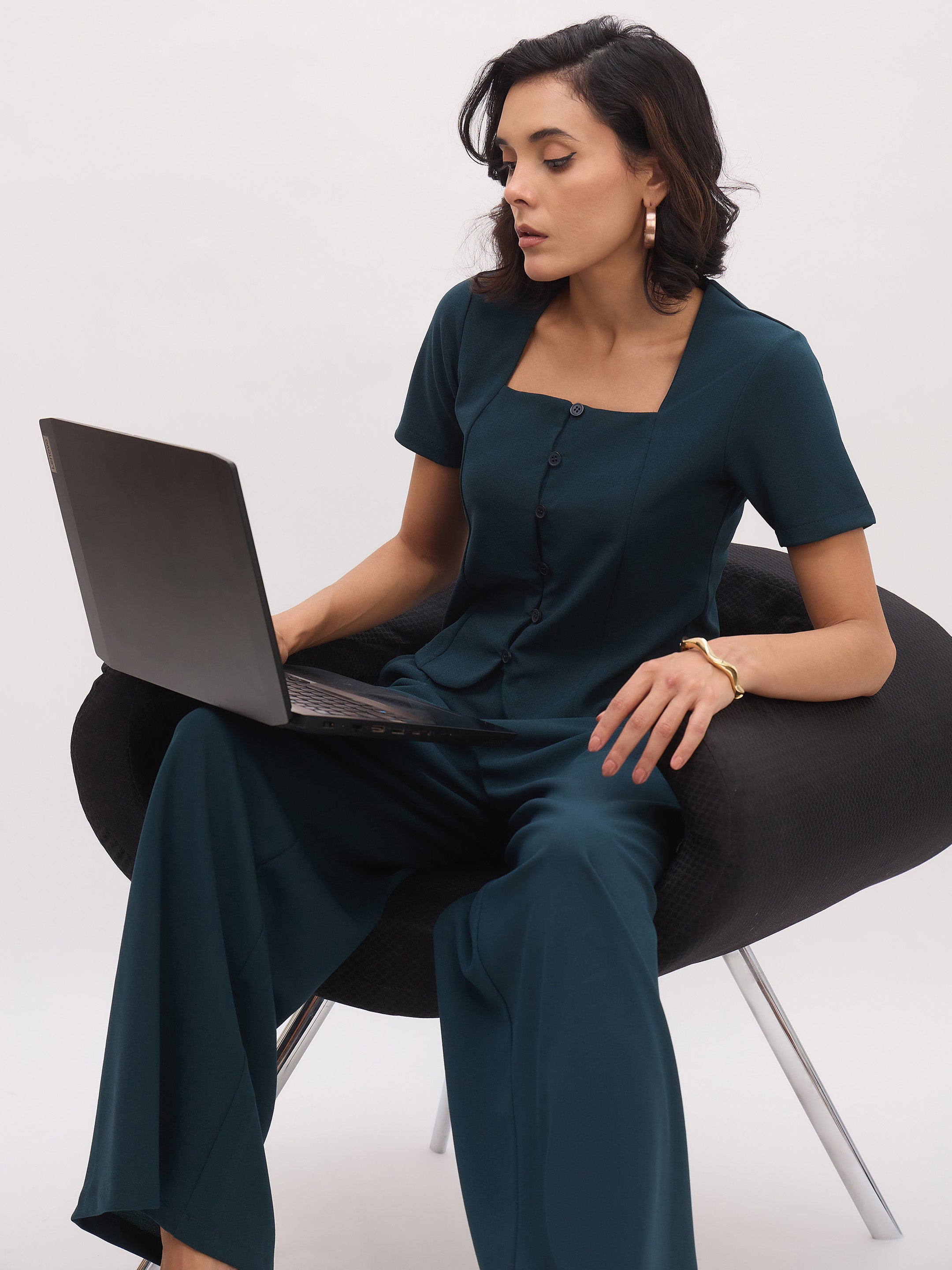 Women's Emerald Green Button Top With Cross Pocket Pants