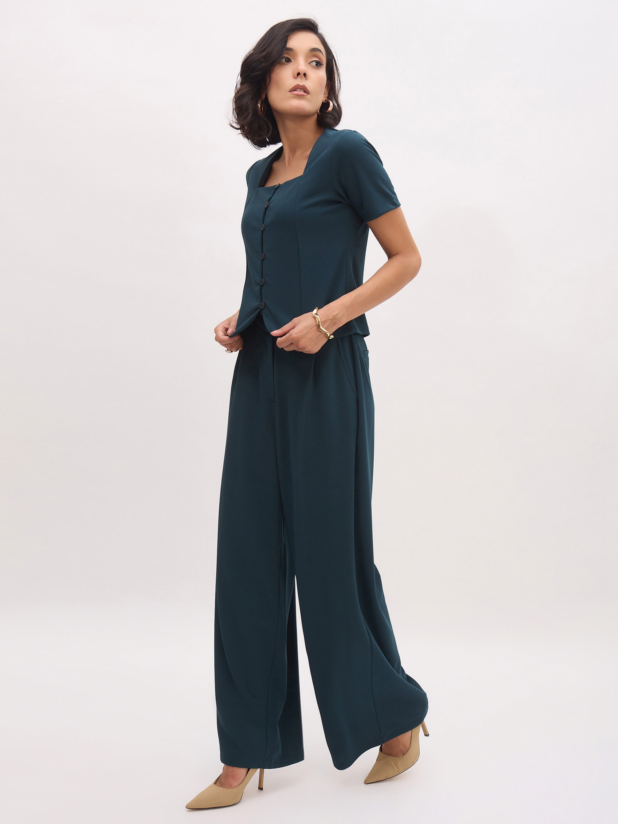 Women's Emerald Green Button Top With Cross Pocket Pants