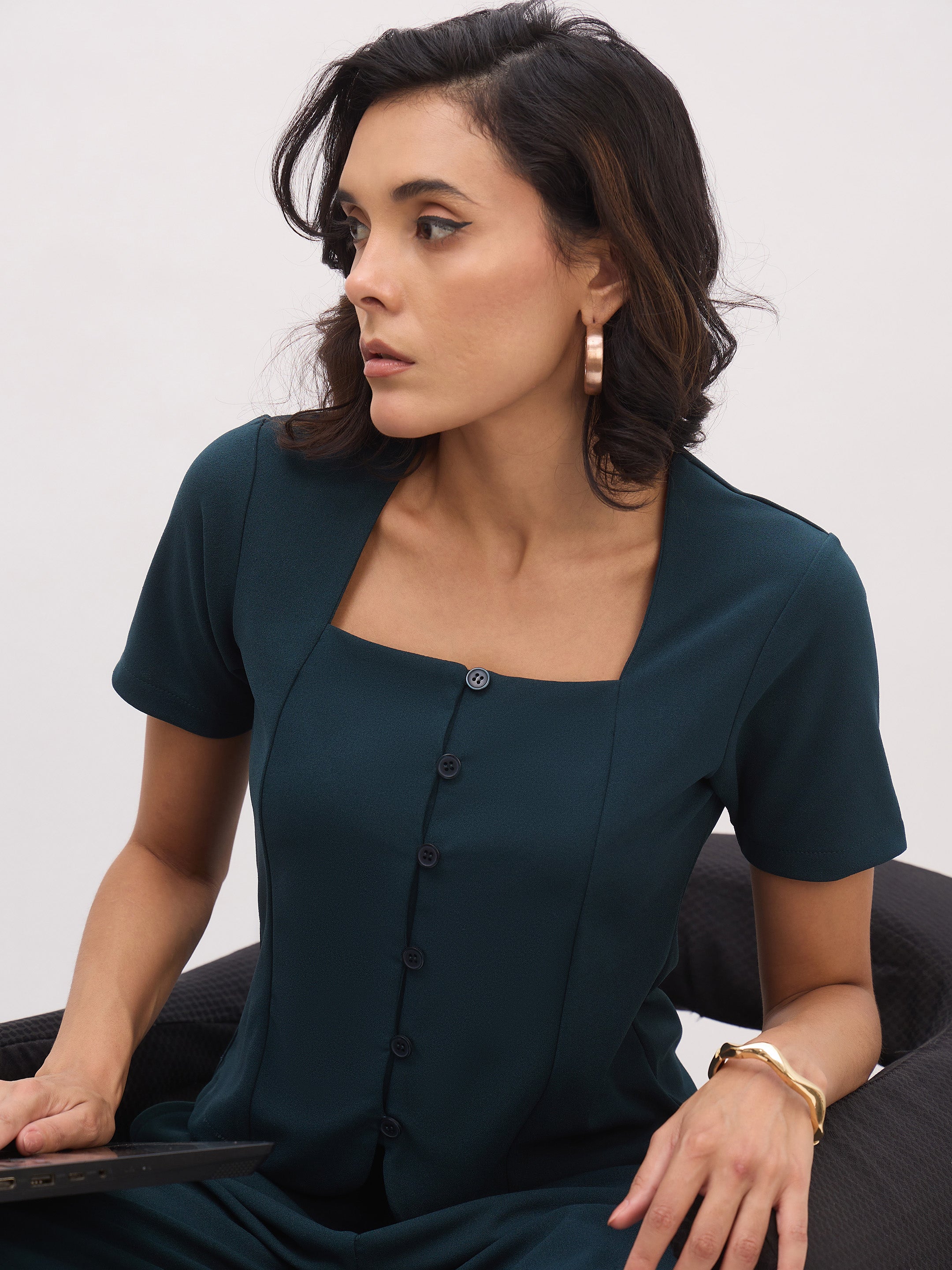 Women's Emerald Green Button Top With Cross Pocket Pants