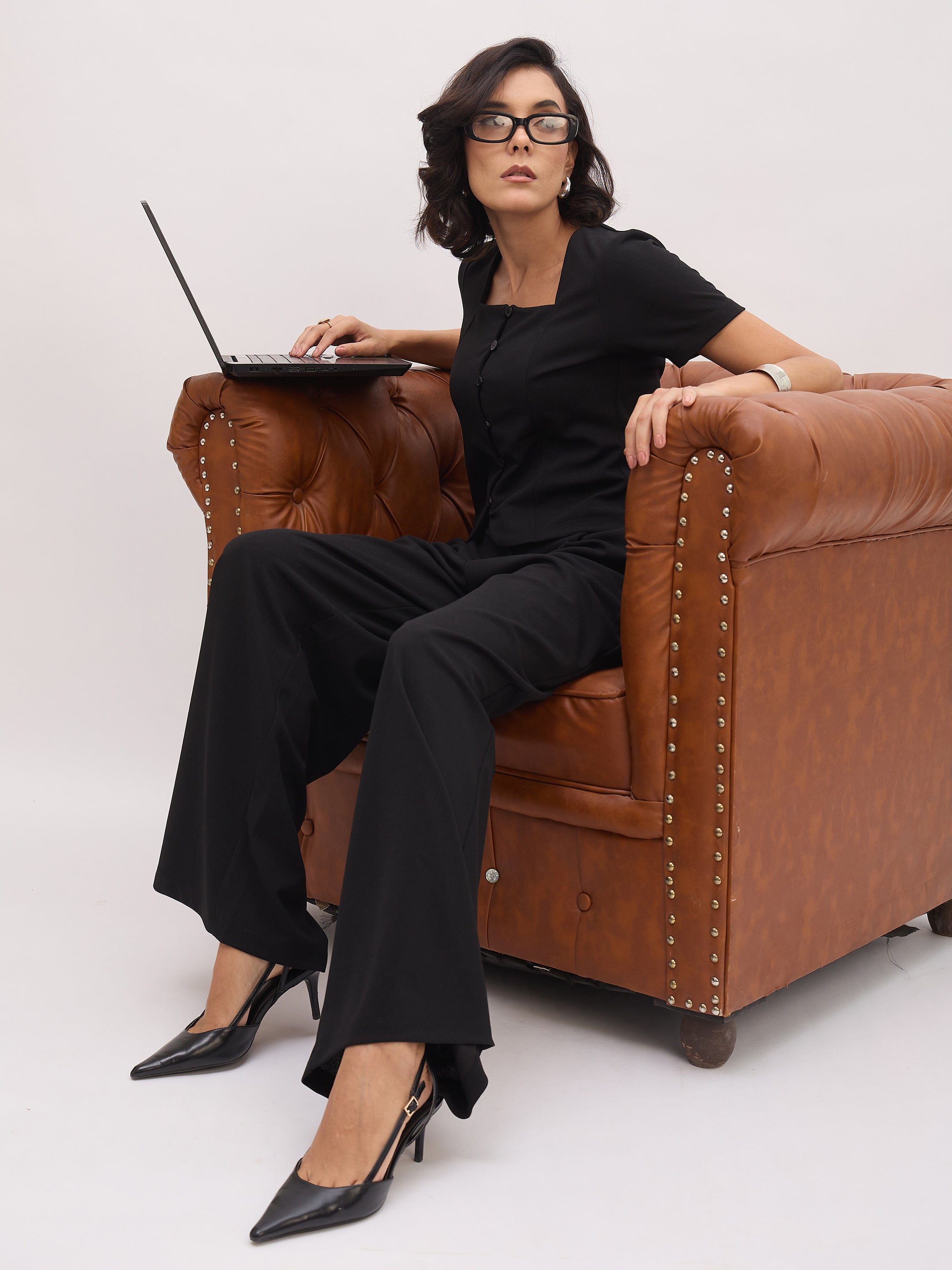 Women's Black Button Top With Cross Pocket Pants