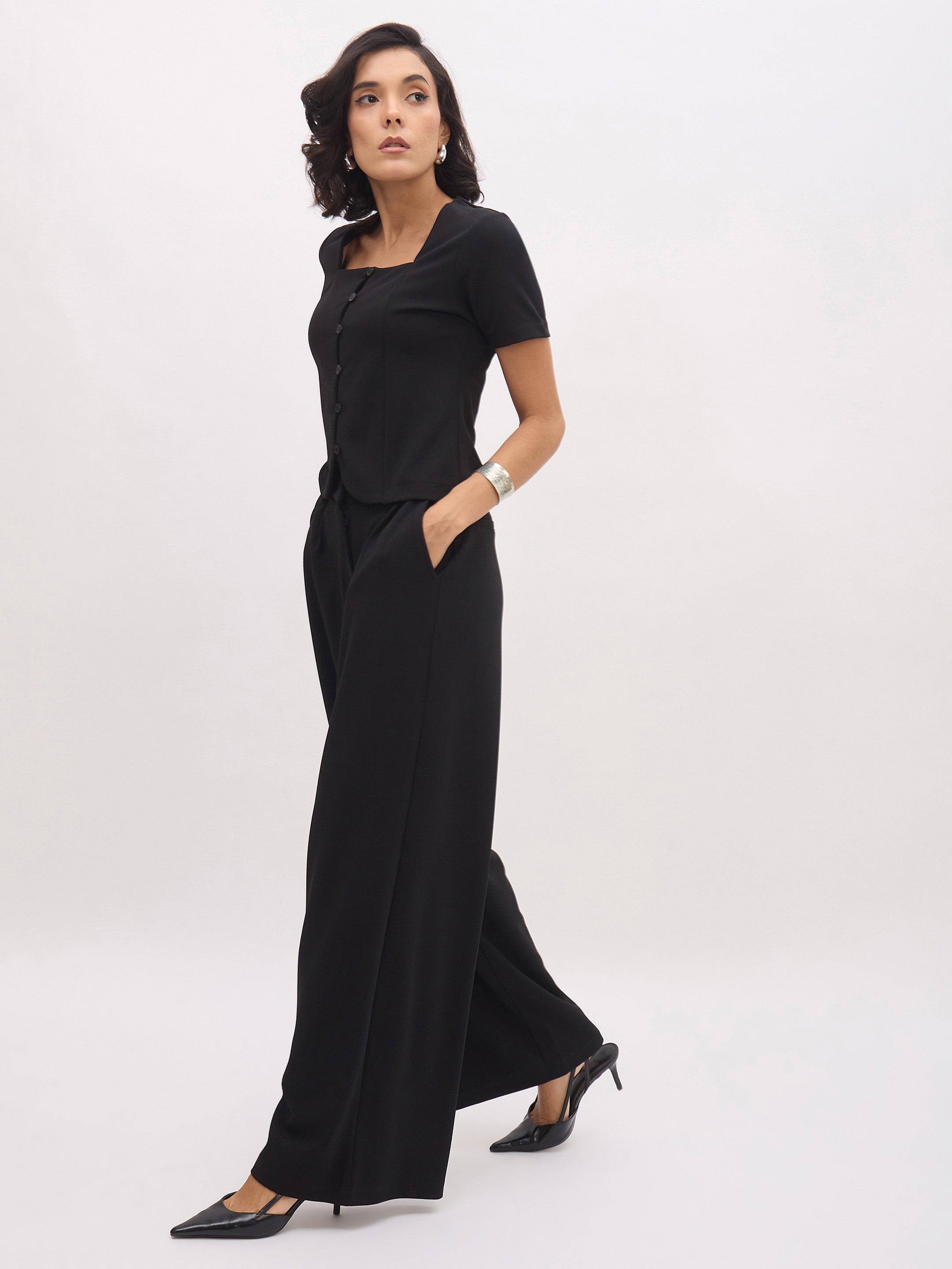 Women's Black Button Top With Cross Pocket Pants