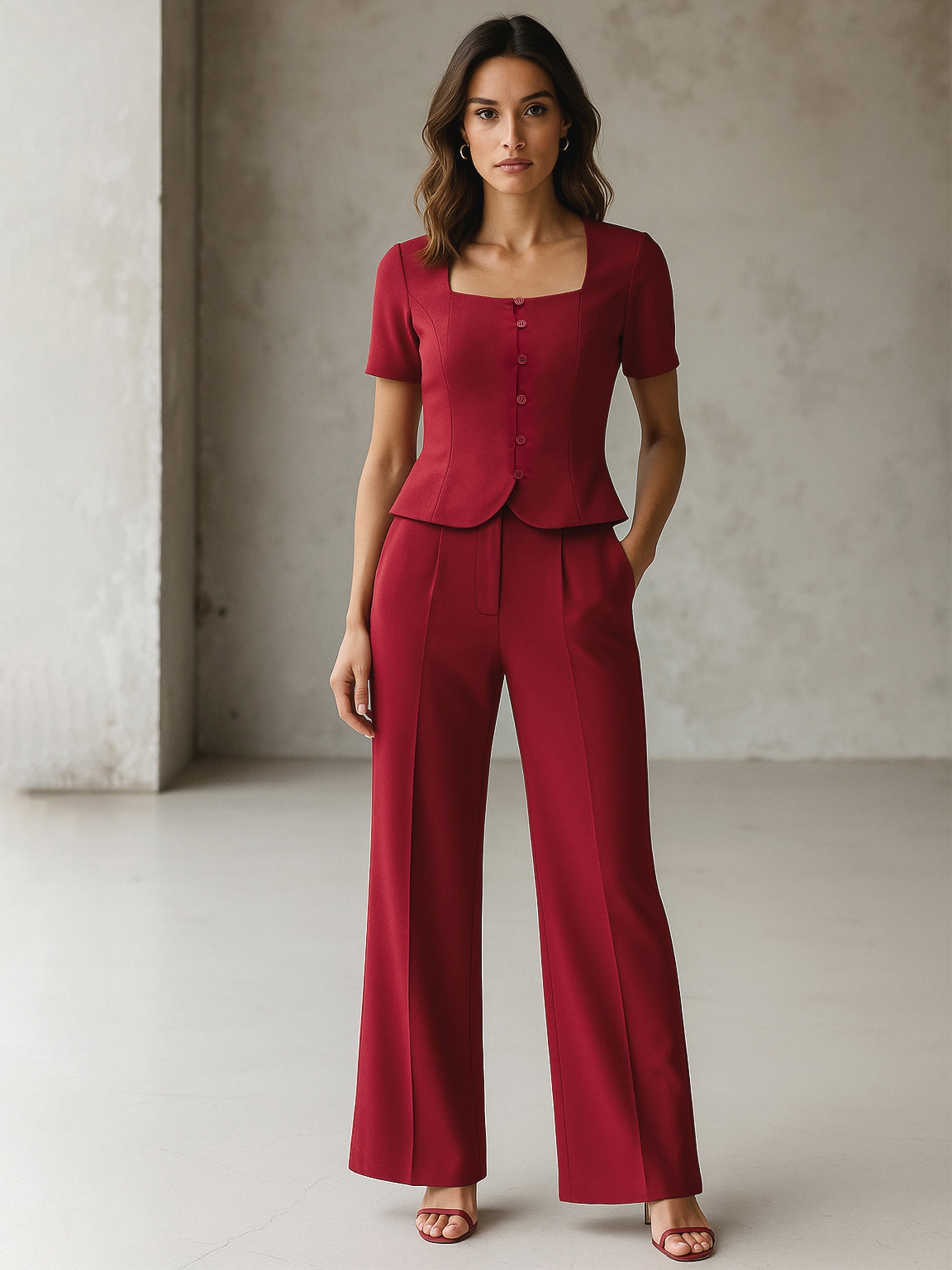 Women's Maroon Button Top With Cross Pocket Pants