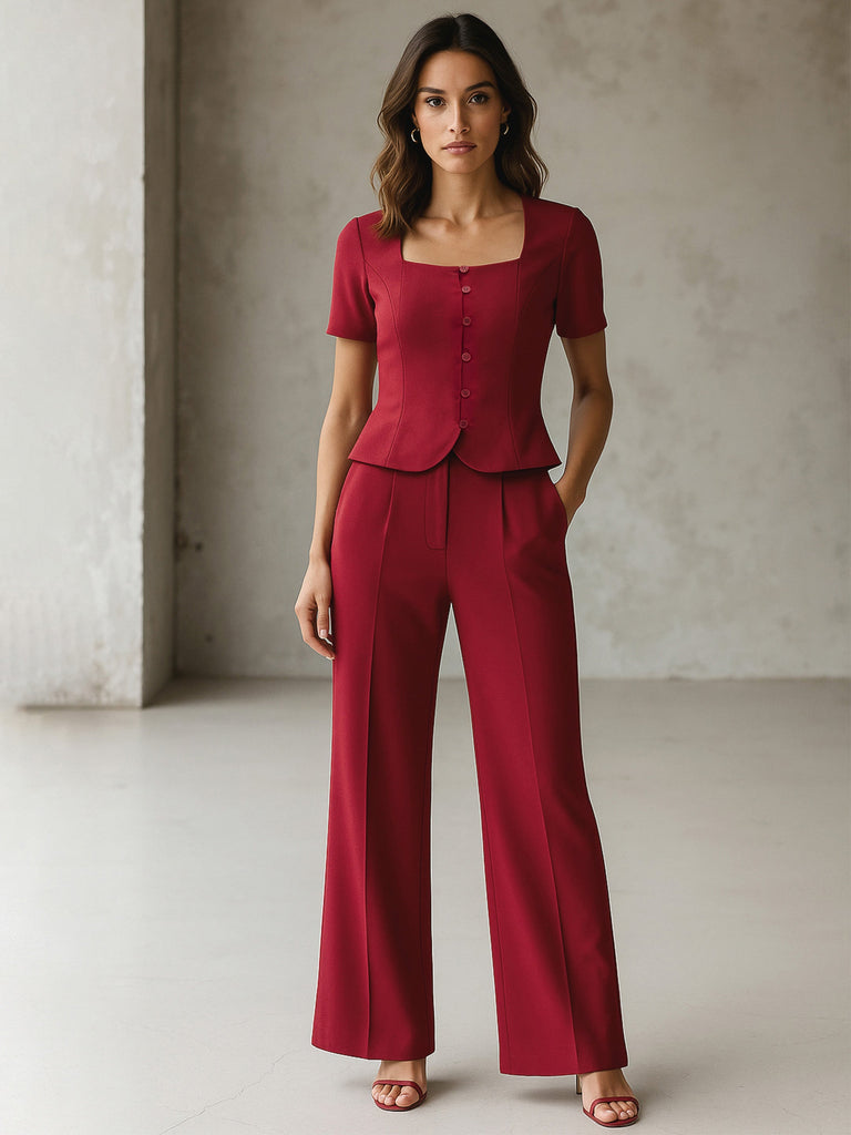 Women's Maroon Button Top With Cross Pocket Pants
