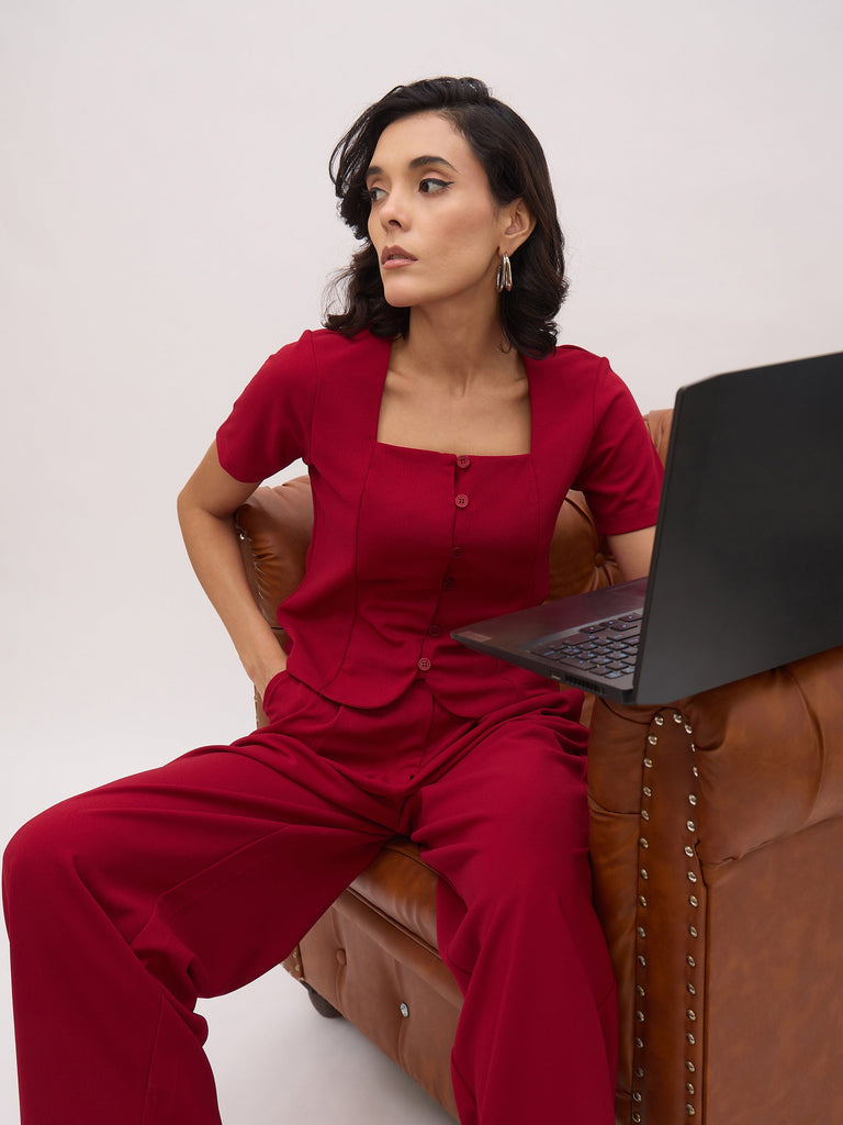 Women's Maroon Button Top With Cross Pocket Pants