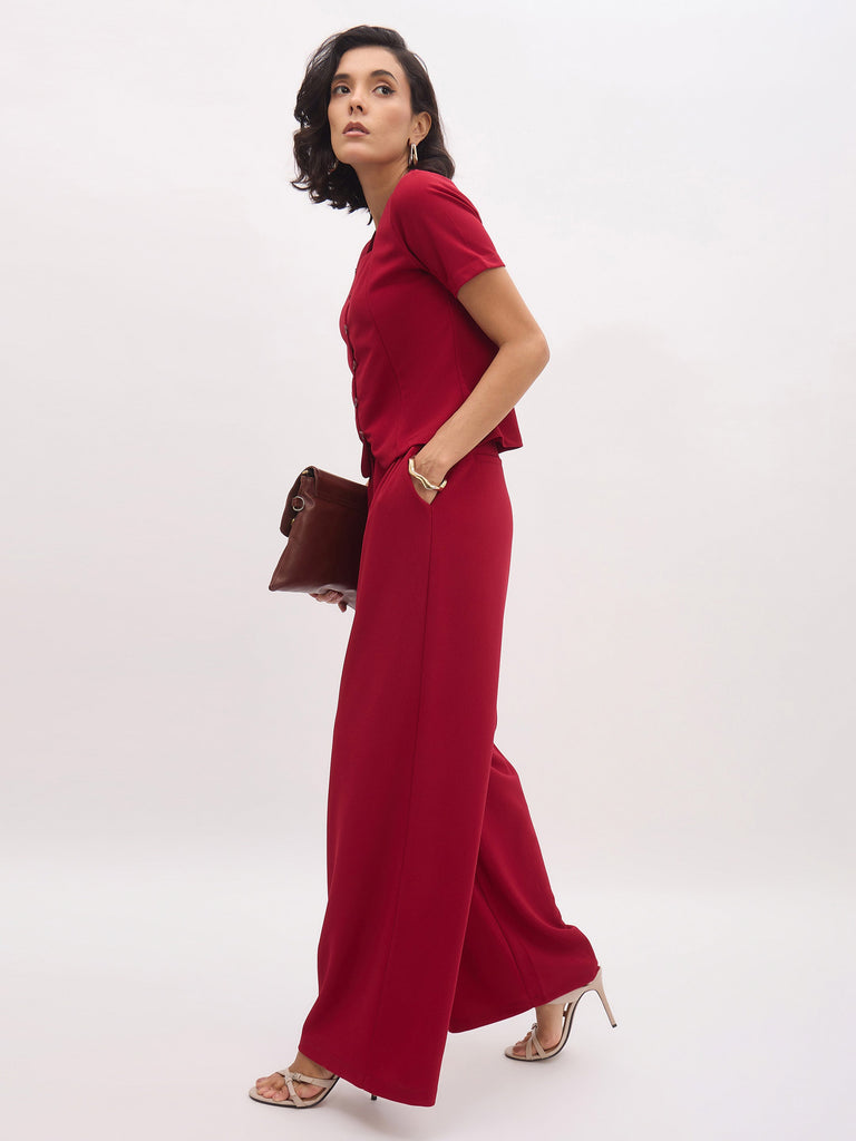 Women's Maroon Button Top With Cross Pocket Pants