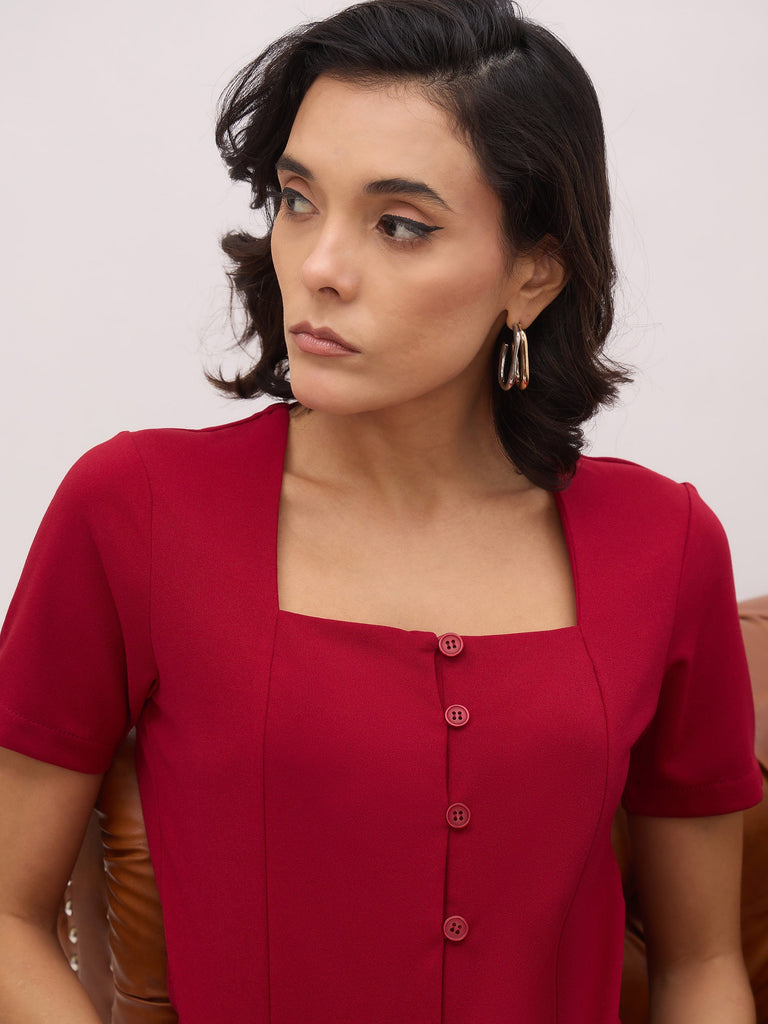 Women's Maroon Button Top With Cross Pocket Pants