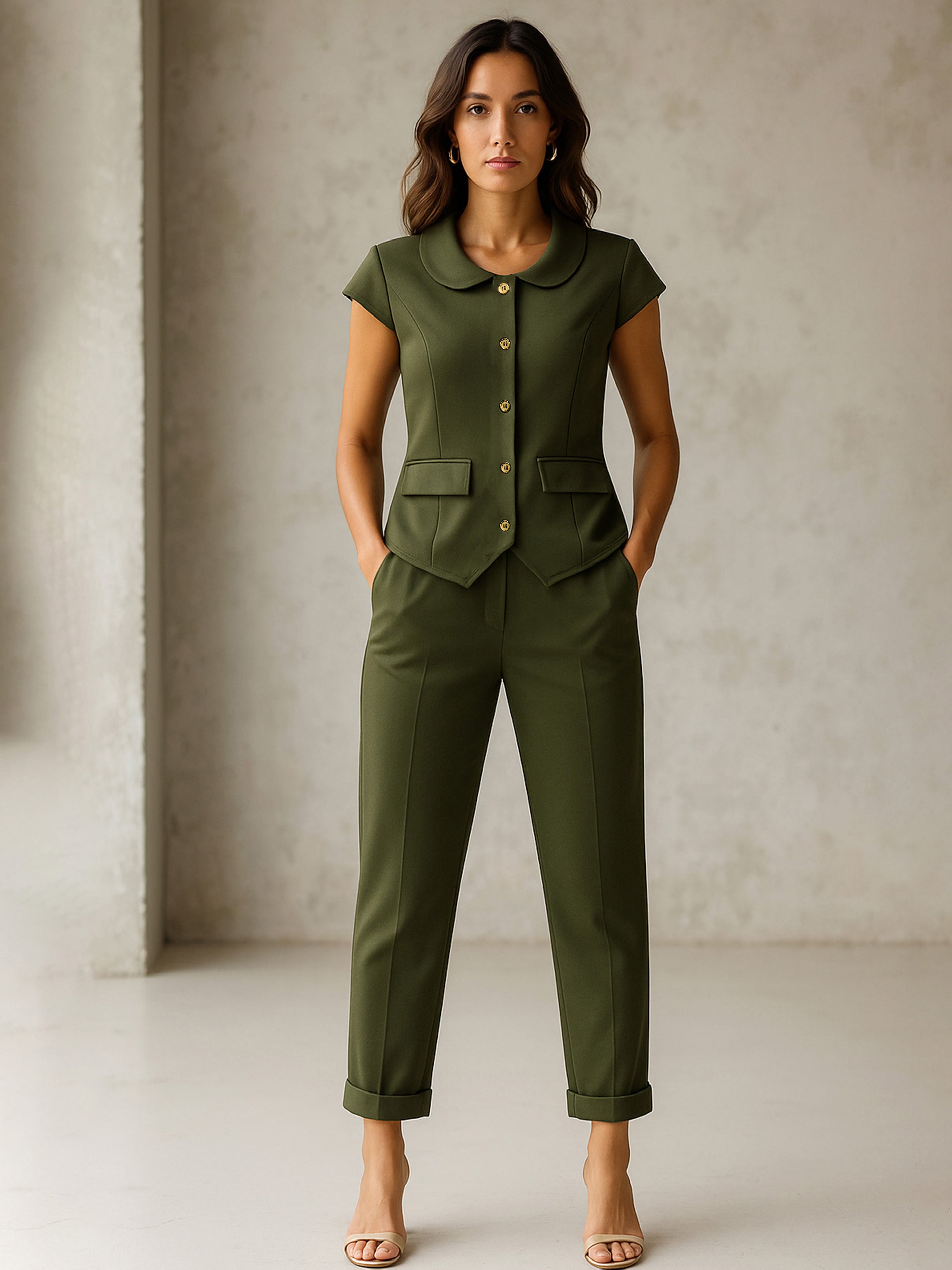 Women's Olive PeterPan Cap Sleeve Button Top With Trousers
