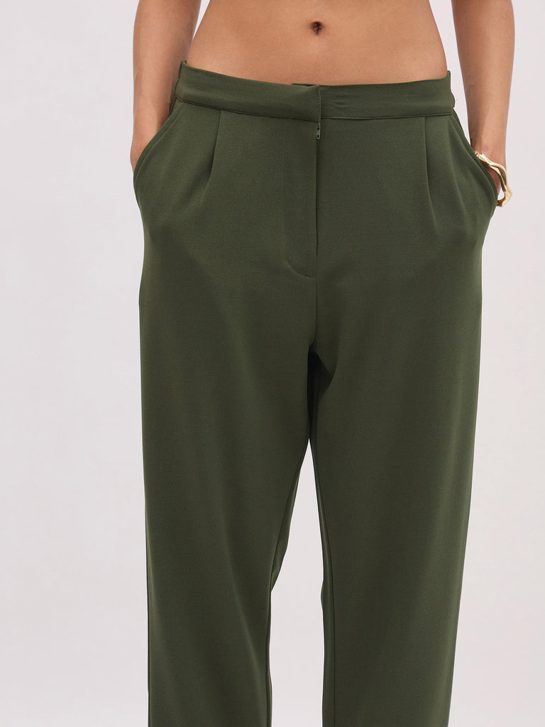 Women's Olive PeterPan Cap Sleeve Button Top With Trousers