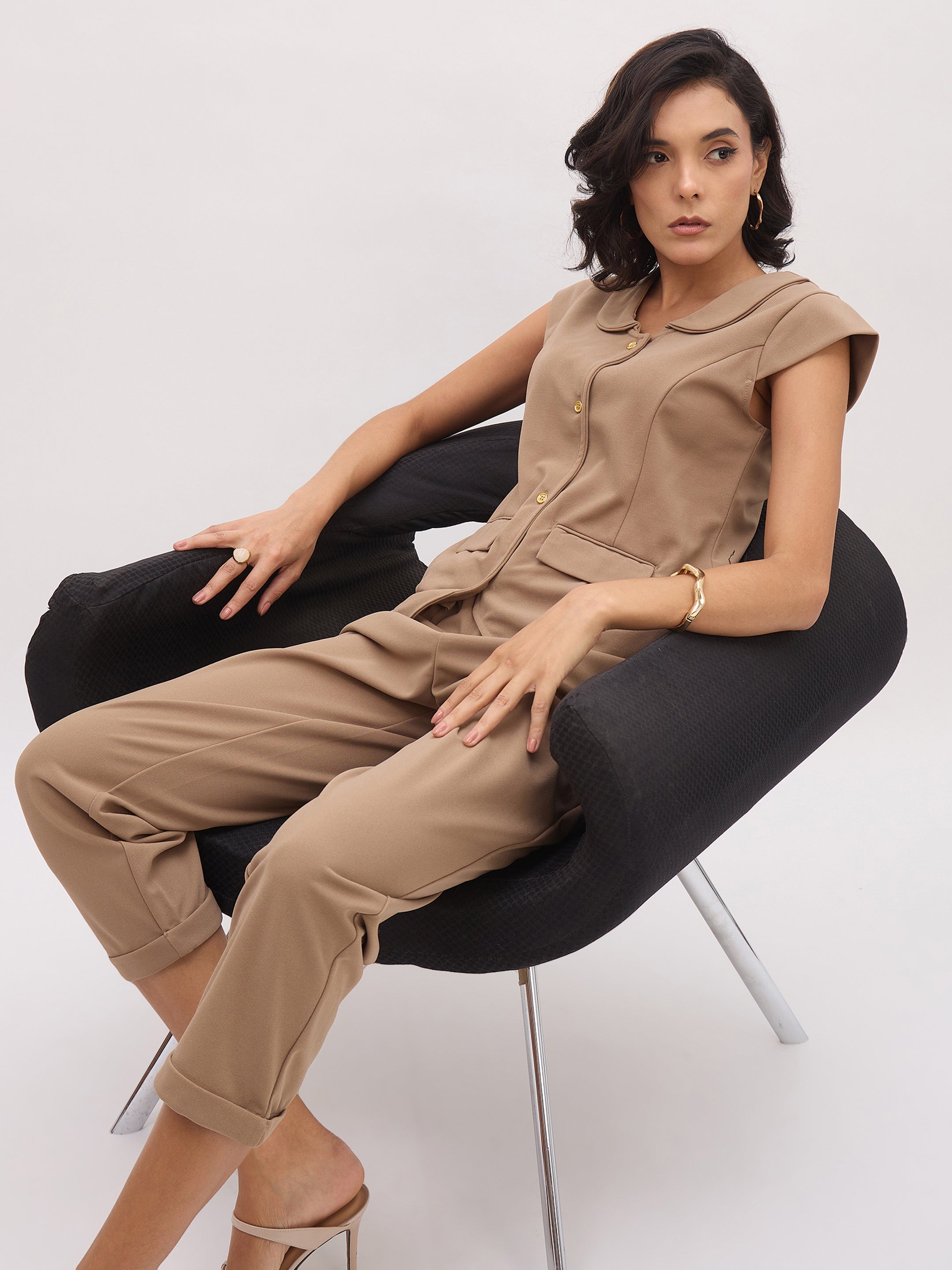 Women's Beige PeterPan Cap Sleeve Button Top With Trousers