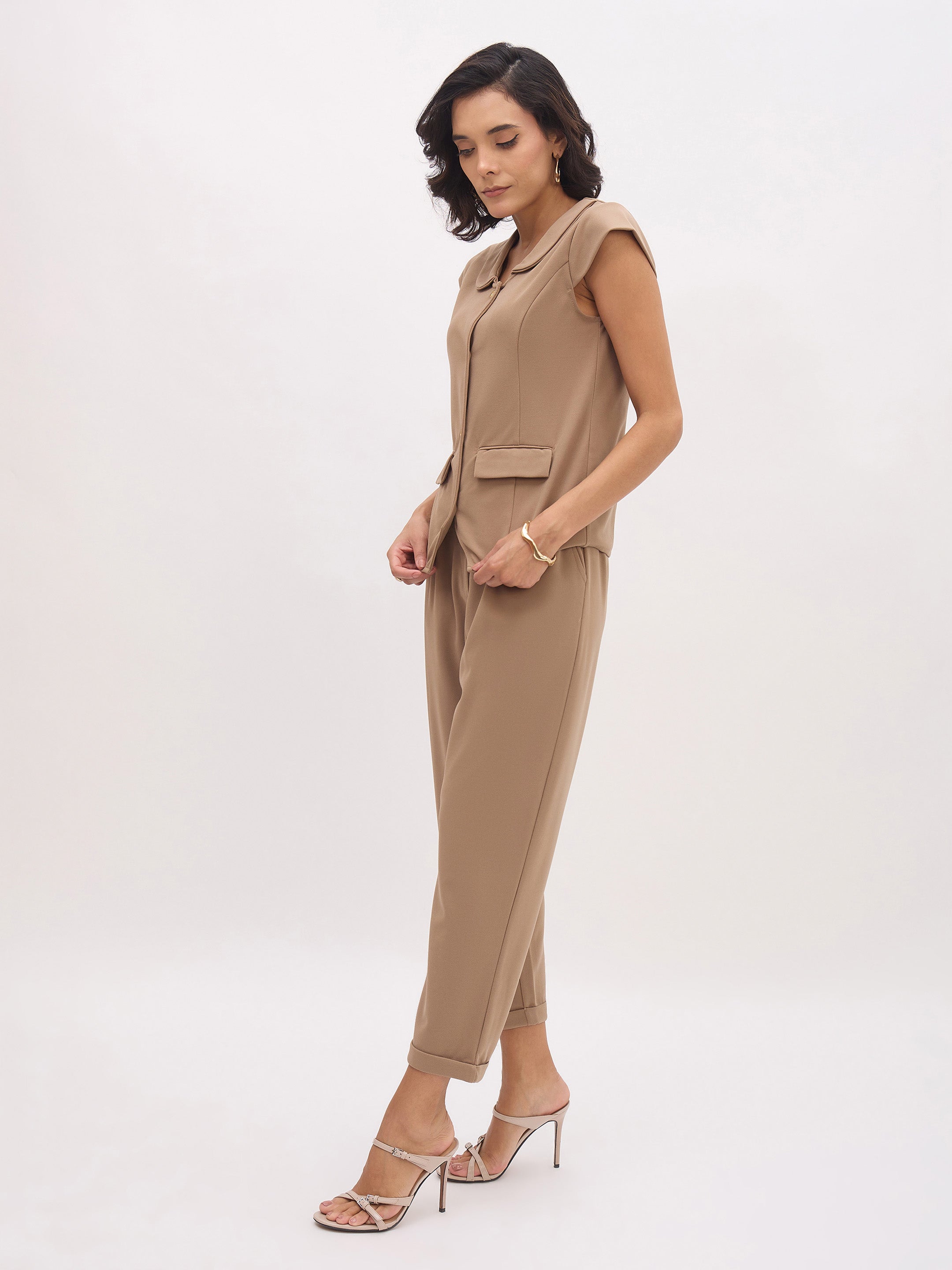 Women's Beige PeterPan Cap Sleeve Button Top With Trousers